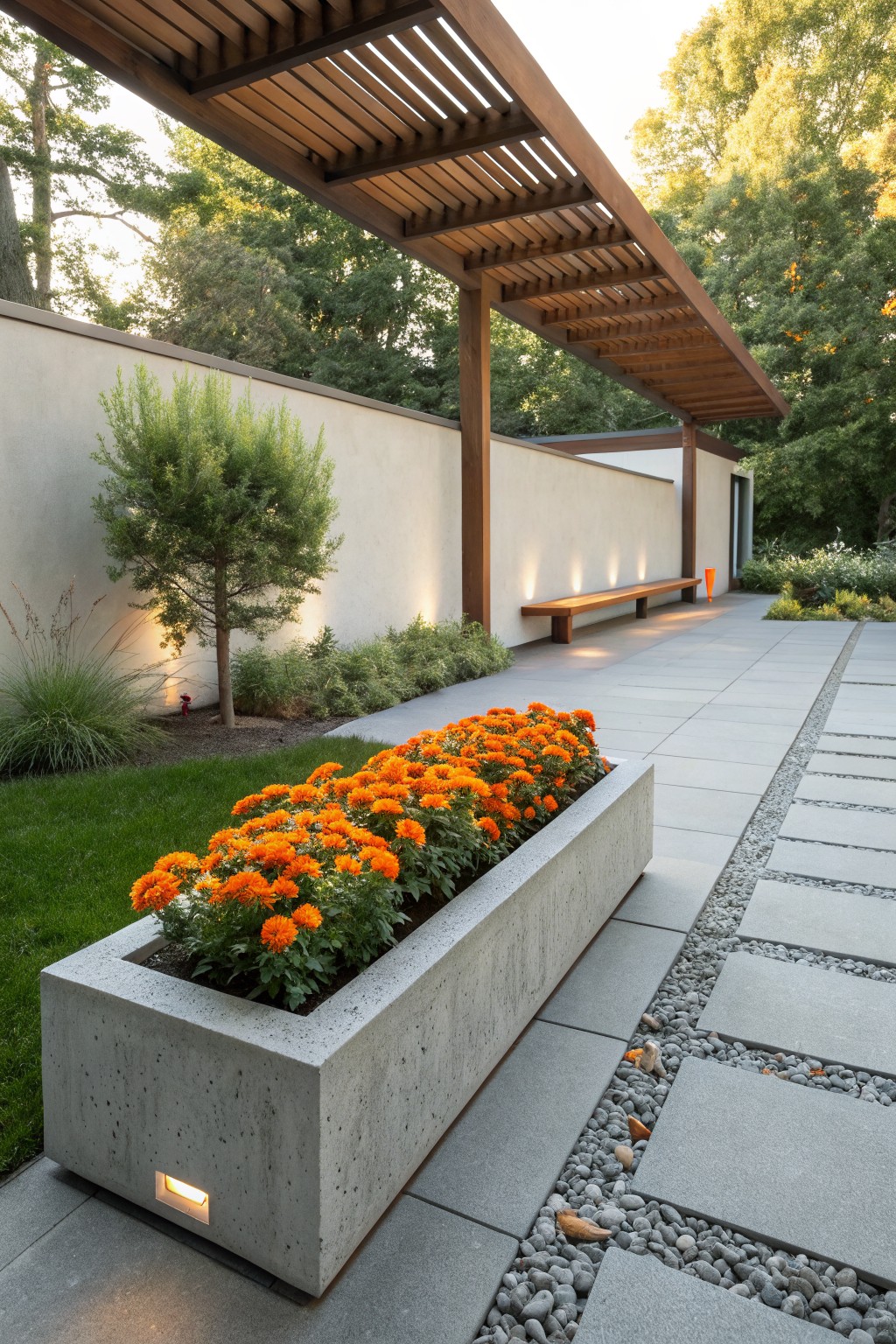 Zinnias in a Long Concrete Trough
