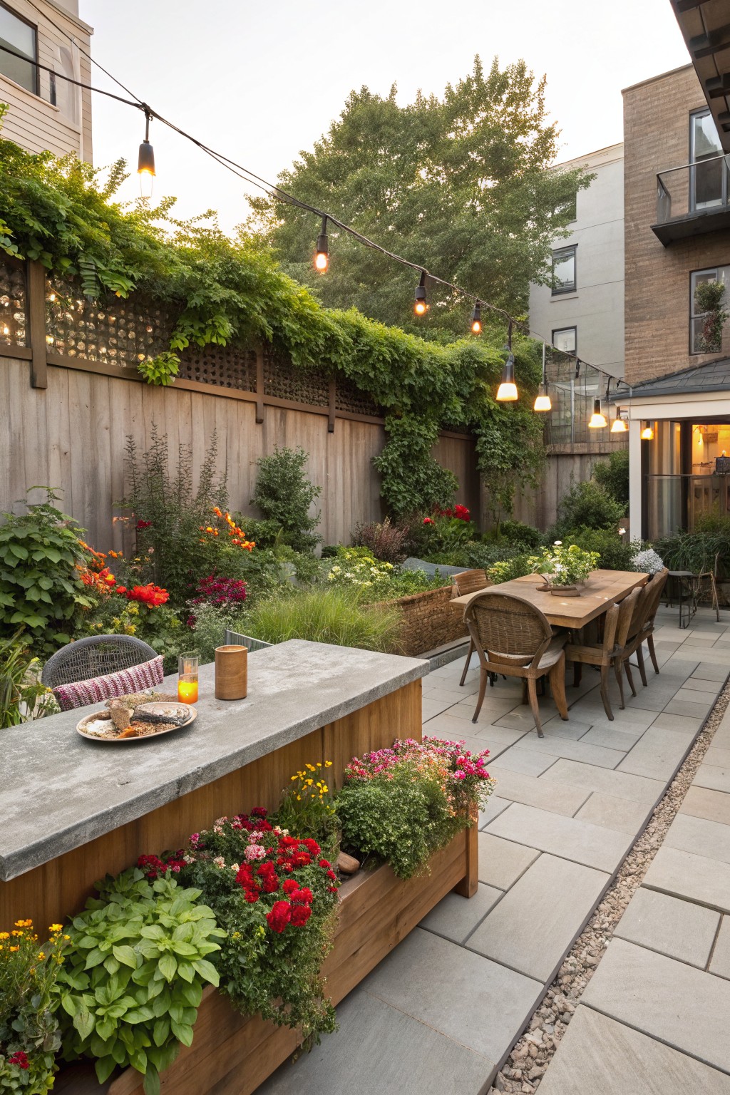 Backyard patio featuring a concrete-topped wooden bar with built-in planters overflowing with red flowers, herbs, and greenery, a wooden dining table with chairs nearby, garden beds with colorful blooms, string lights strung overhead, vine-covered fences, and a paver pathway edged with gravel.