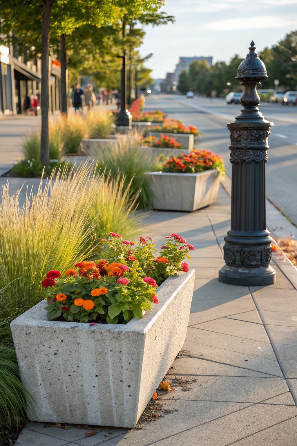 Large gray concrete planters on a sidewalk filled with orange zinnias, green foliage, and tall ornamental grasses, positioned near an ornate black metal lamppost with blurred trees and street in the background.