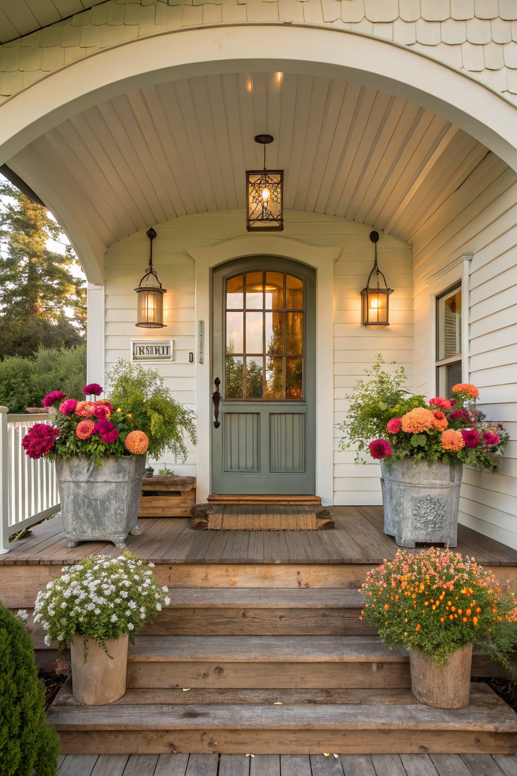 White clapboard house with arched porch, teal double door, large galvanized buckets of pink and orange zinnias flanking the door, smaller pots on wooden steps, and wall lanterns.