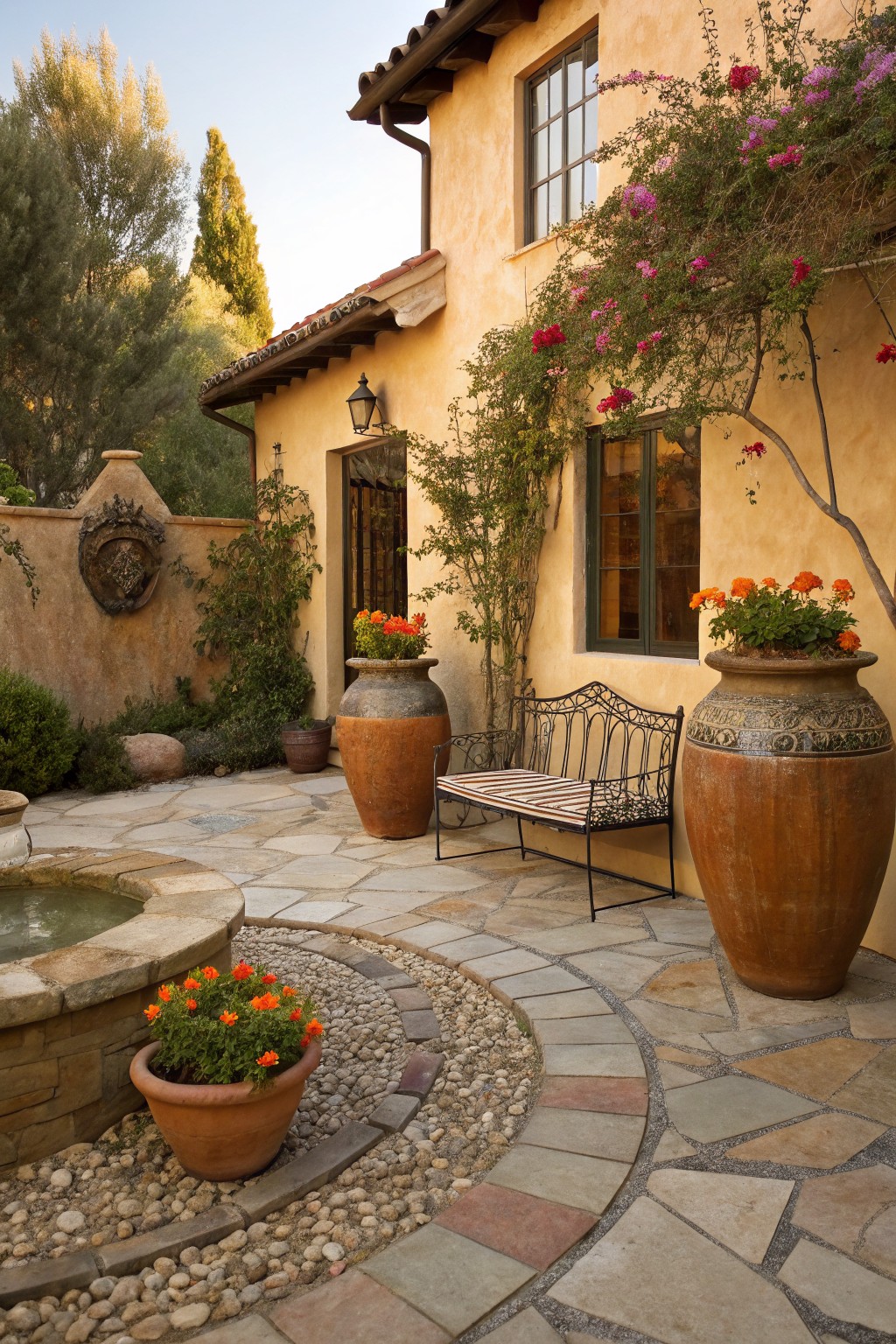 Spanish-style courtyard featuring yellow stucco walls, multiple large terracotta pots with orange zinnias, a central stone fountain, wrought-iron bench, climbing vines, and a pebble-and-flagstone path.