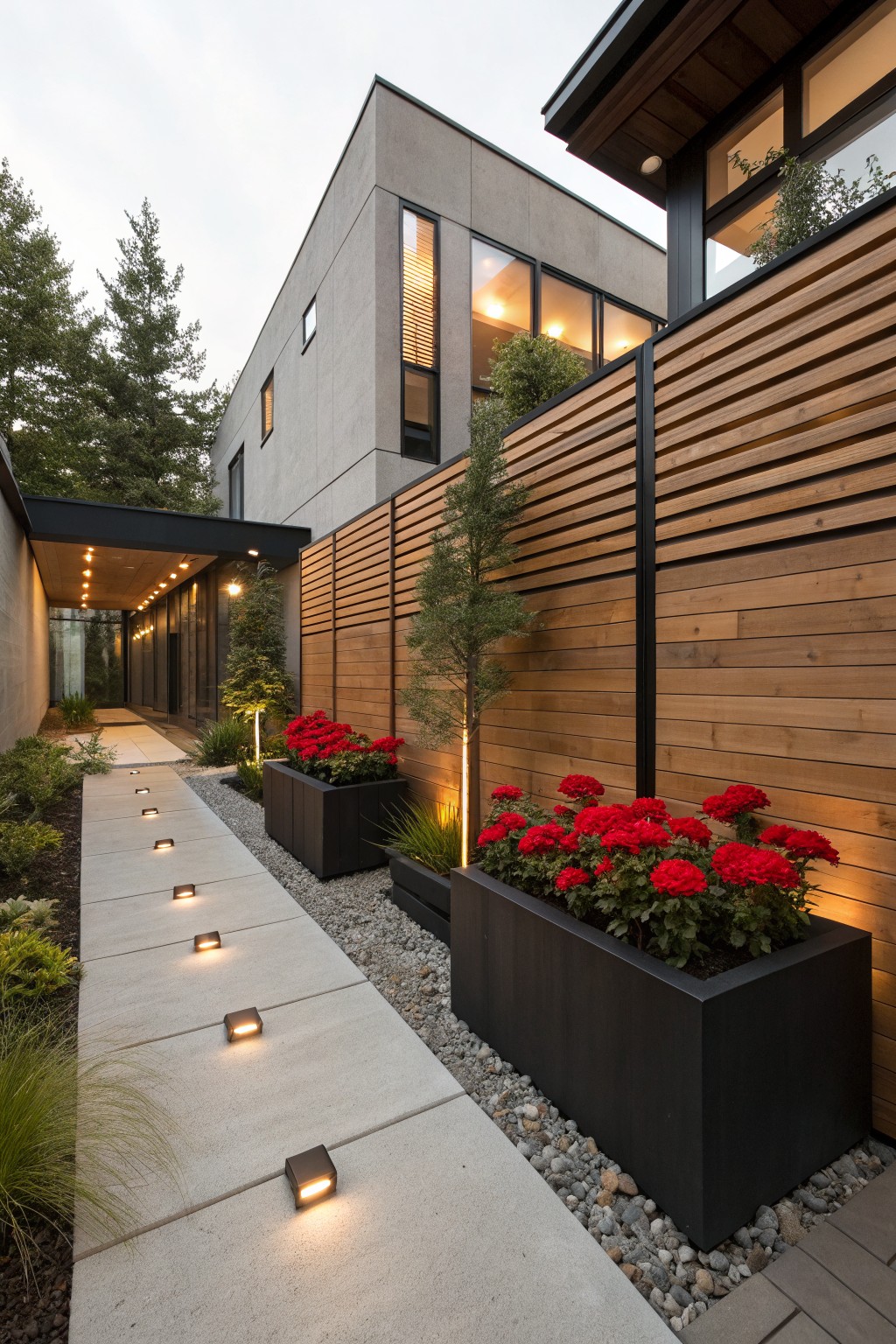 Contemporary house exterior featuring a concrete pathway with recessed lights, flanked by black rectangular planters filled with red flowers, a wooden slat privacy fence, gravel ground cover, evergreen trees, and ornamental grasses.