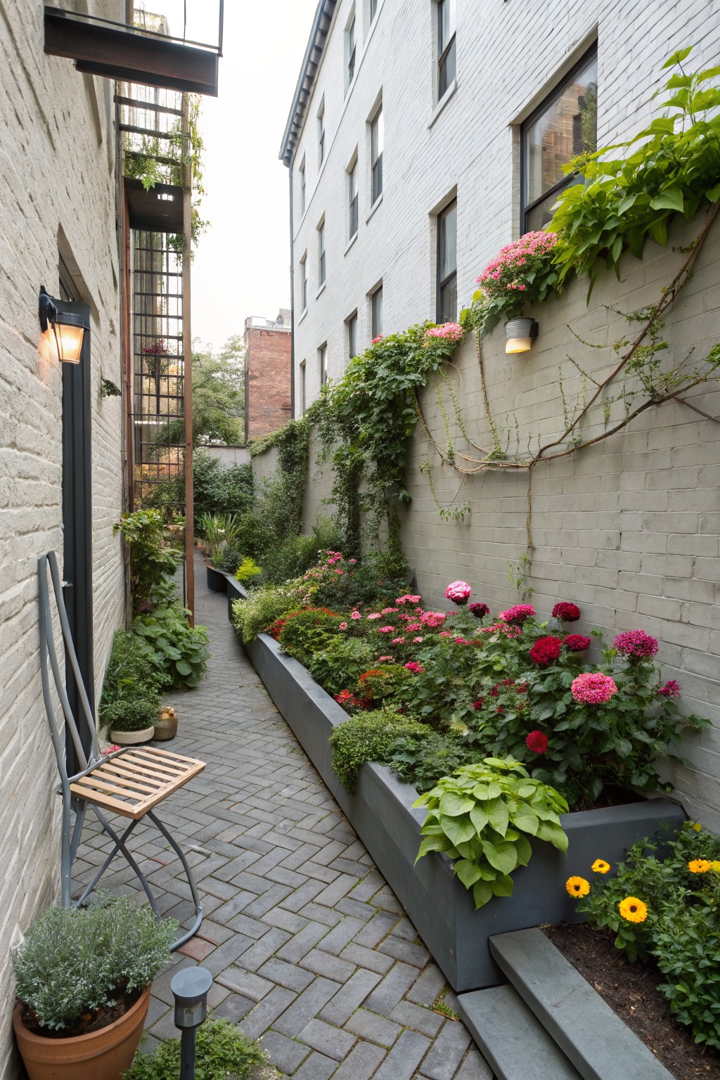 Narrow brick pathway in a white brick alley garden lined with tall raised metal planters overflowing with pink and red zinnias and other flowers, ivy-covered walls, a folding wooden chair, potted plants, and wall-mounted lights.