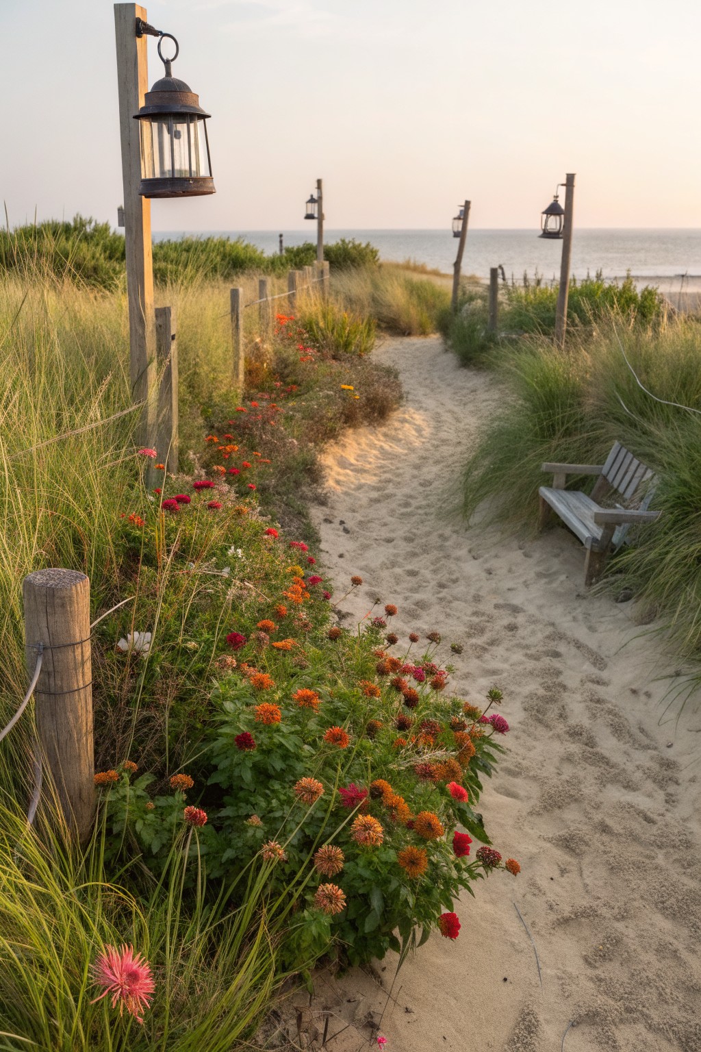 Sandy path through sea grass dunes bordered by wooden fences and posts with lanterns, lined with orange, red, and pink zinnias, a wooden bench beside the path, beach and ocean in the background.