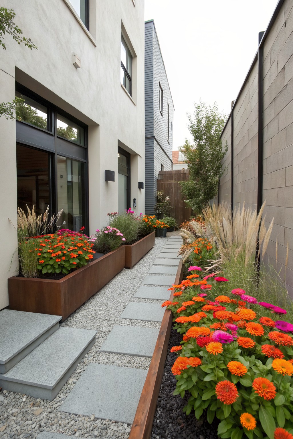 Narrow gravel pathway flanked by raised corten steel planters and borders overflowing with orange and pink zinnias, tall ornamental grasses, and concrete walls on both sides.