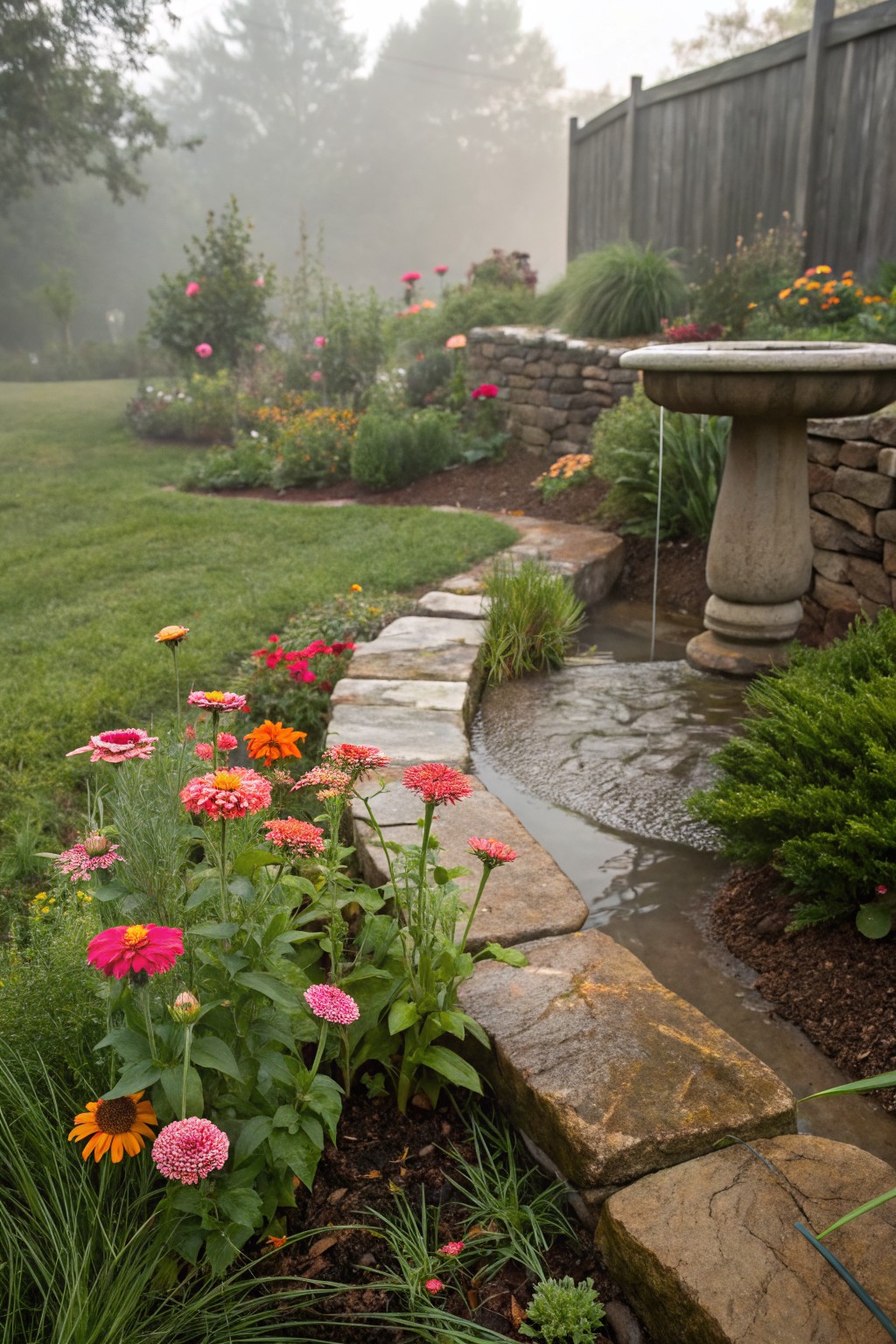 A misty backyard garden with a curving stone path featuring a narrow water channel from a central birdbath fountain, bordered by dense plantings of pink, orange, and yellow zinnia flowers along the edges.