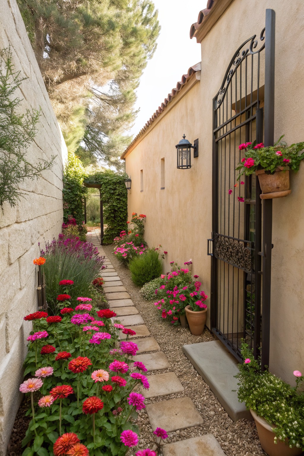 Narrow stone paver pathway flanked by dense flower beds of colorful zinnias in red, pink, orange, and yellow leading to a tall black wrought iron gate on a beige stucco wall, with potted plants, lanterns, and trees in the background.