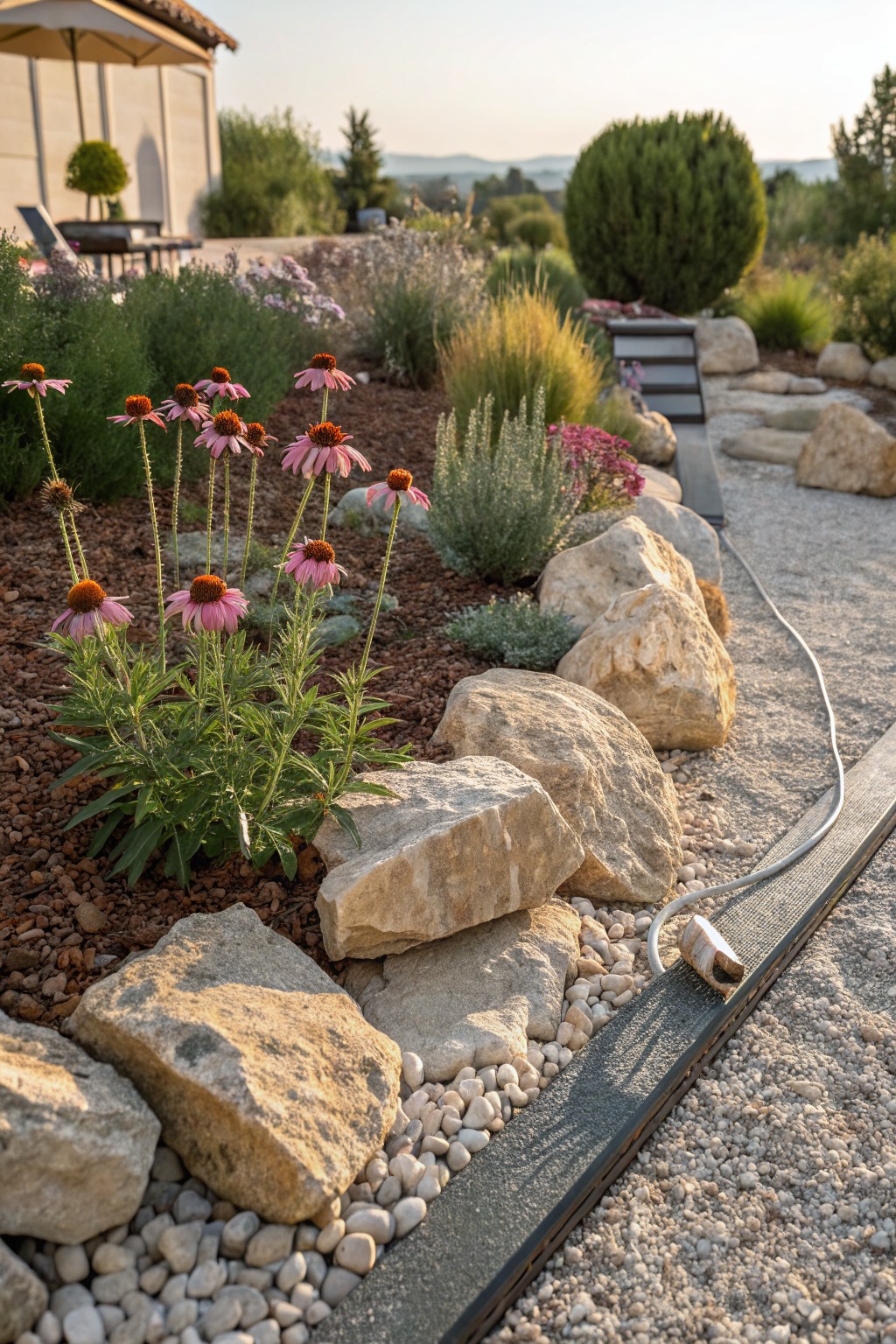 Close view of a backyard flower bed with clusters of pink coneflowers and stems, surrounded by large beige boulders, reddish mulch, drought-tolerant grasses and shrubs, and a gravel path edged by a thin black metal strip.