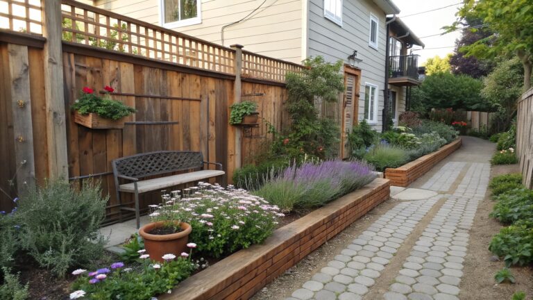 Narrow backyard pathway of irregular stepping stones flanked by raised brick flower beds with purple lavender, white daisies, and green herbs, between wooden fences and a brick wall.