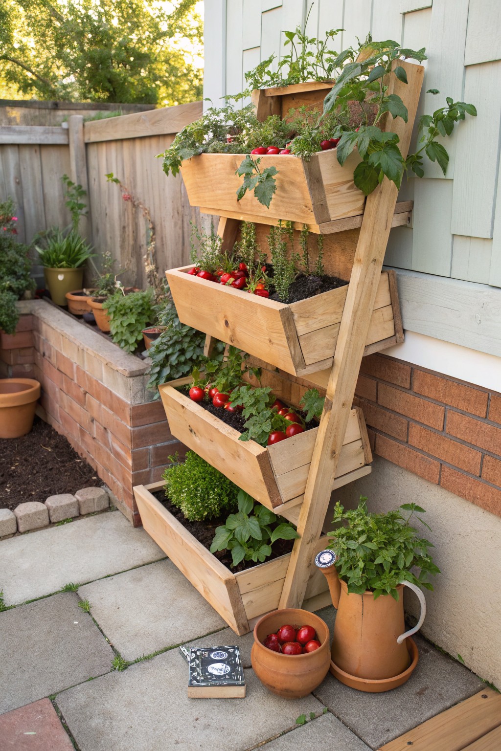 Wooden leaning ladder planter with four tiers of tomato plants, herbs, and greens against a light green exterior wall in a small backyard with brick edging, potted plants, and terracotta pots on pavers.