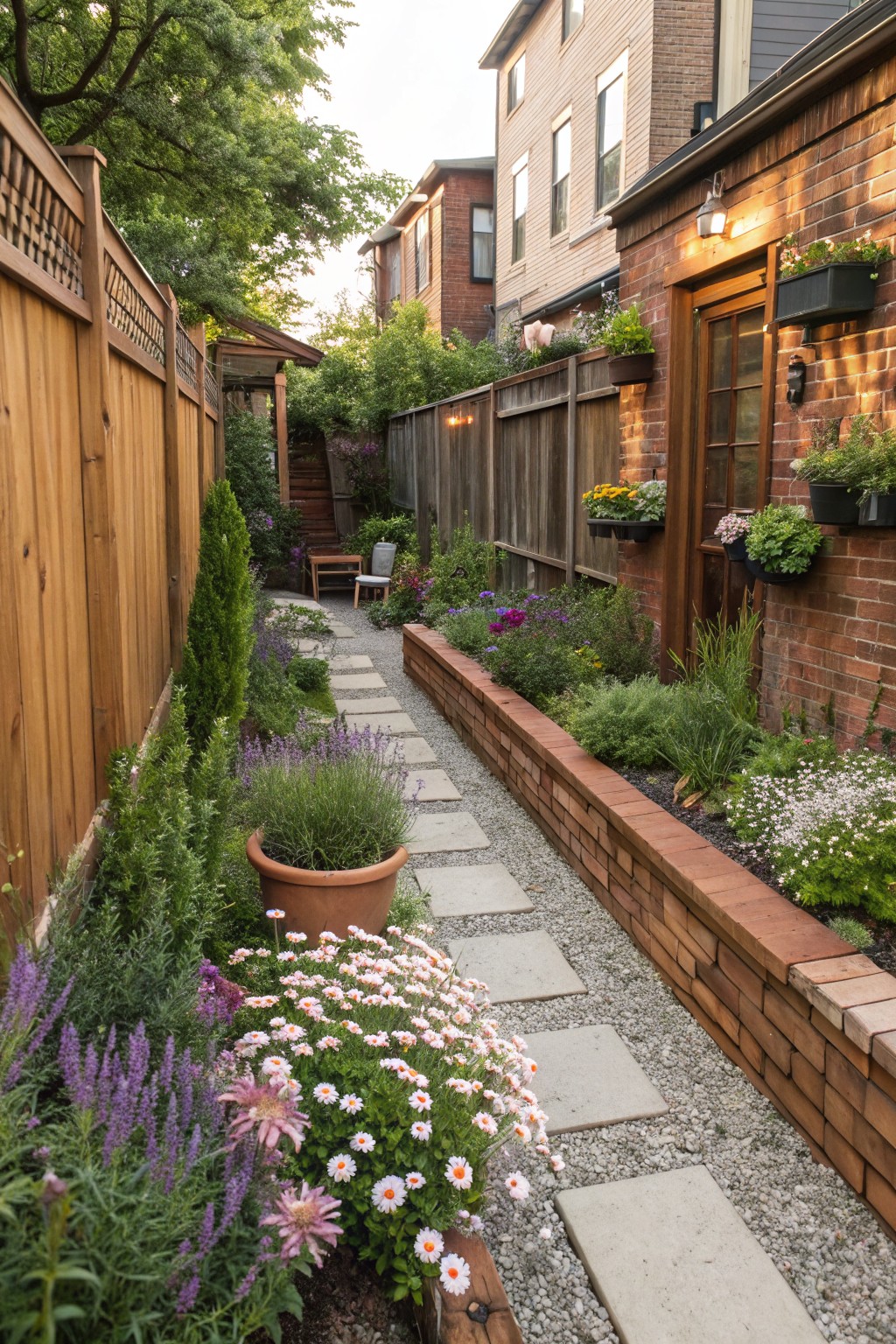 Narrow backyard pathway of irregular stepping stones flanked by raised brick flower beds with purple lavender, white daisies, and green herbs, between wooden fences and a brick wall.