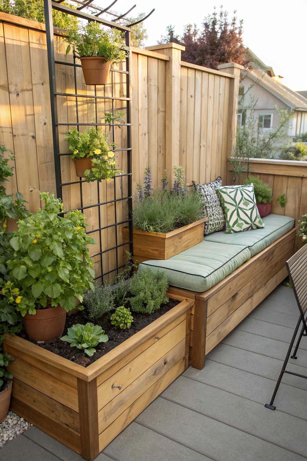 Wooden planter boxes built into an L-shaped bench with green cushions, filled with various plants and positioned against a cedar fence next to a black metal trellis holding hanging pots on a gray deck.