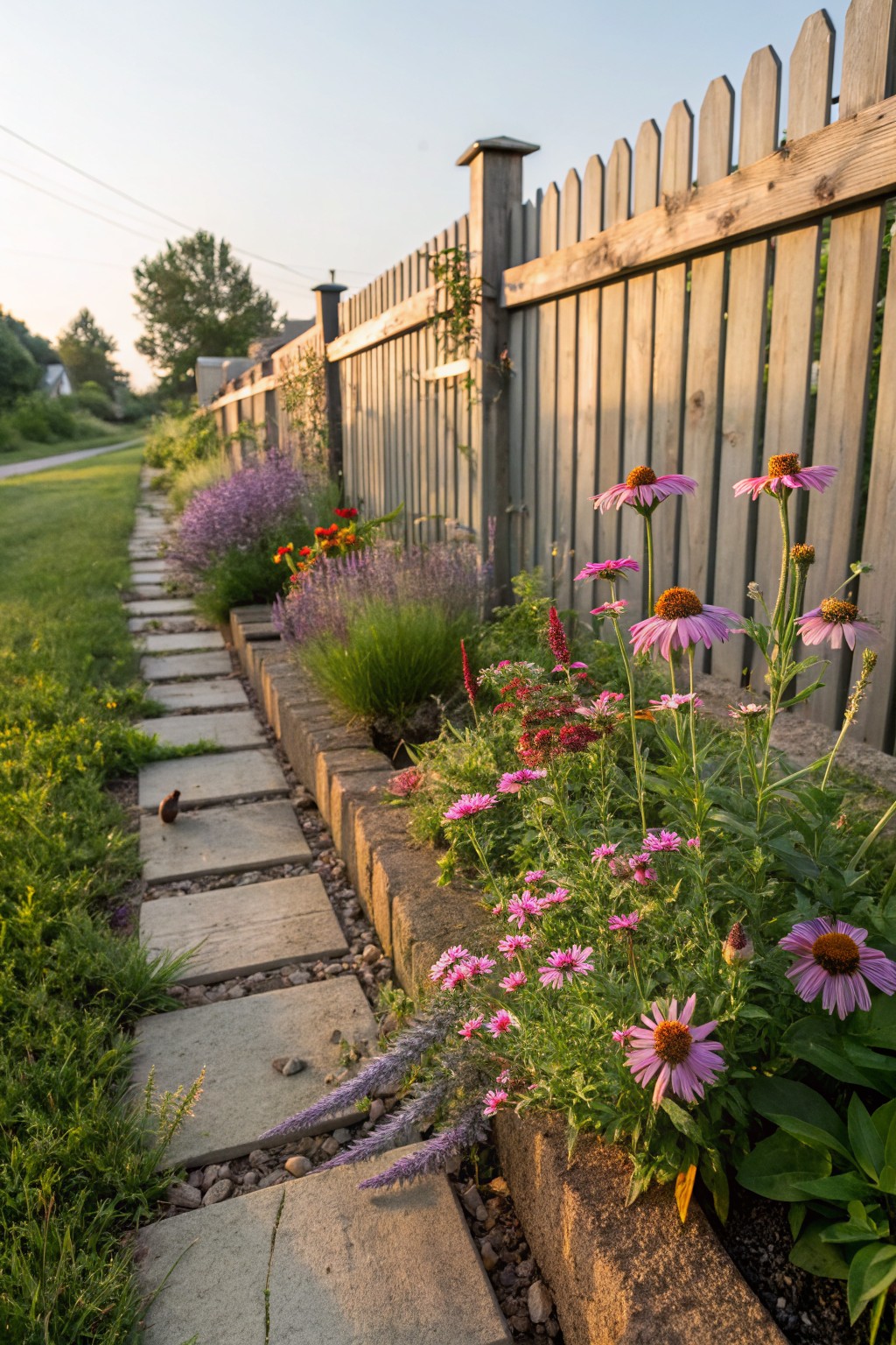 Stone paver pathway alongside a raised brick flower bed filled with pink coneflowers, lavender, and other perennials next to a wooden picket fence in a grassy backyard.