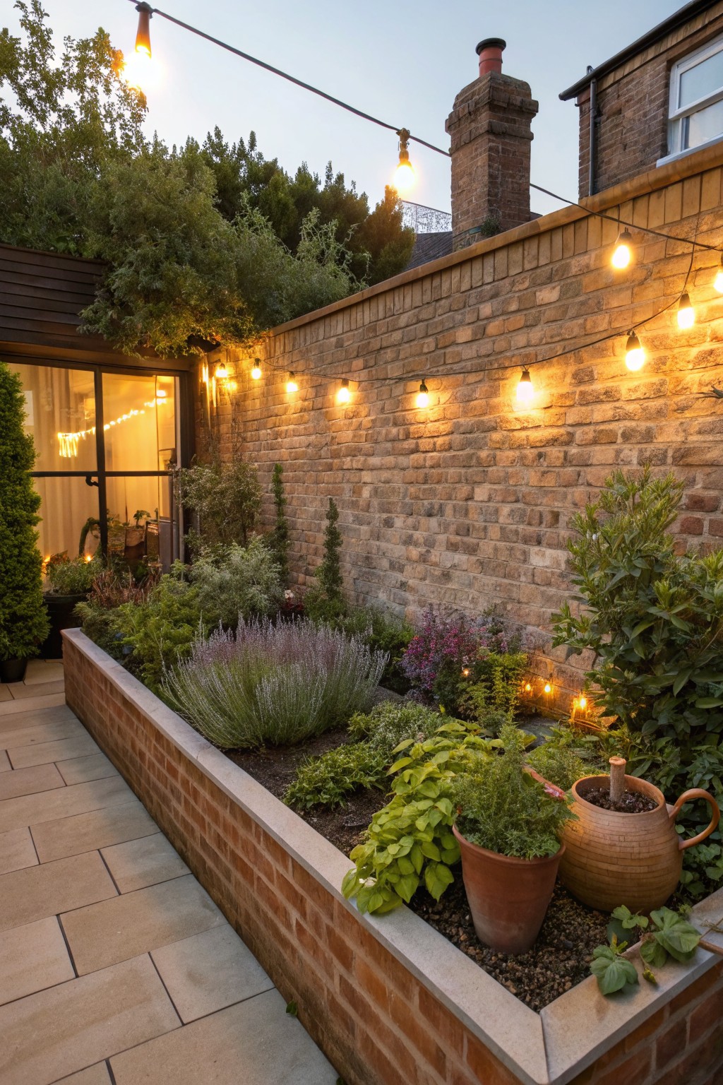 Small backyard with rectangular raised brick planter bed along brick wall, filled with herbs, flowers, lavender, and potted plants, string lights overhead, stone path adjacent.