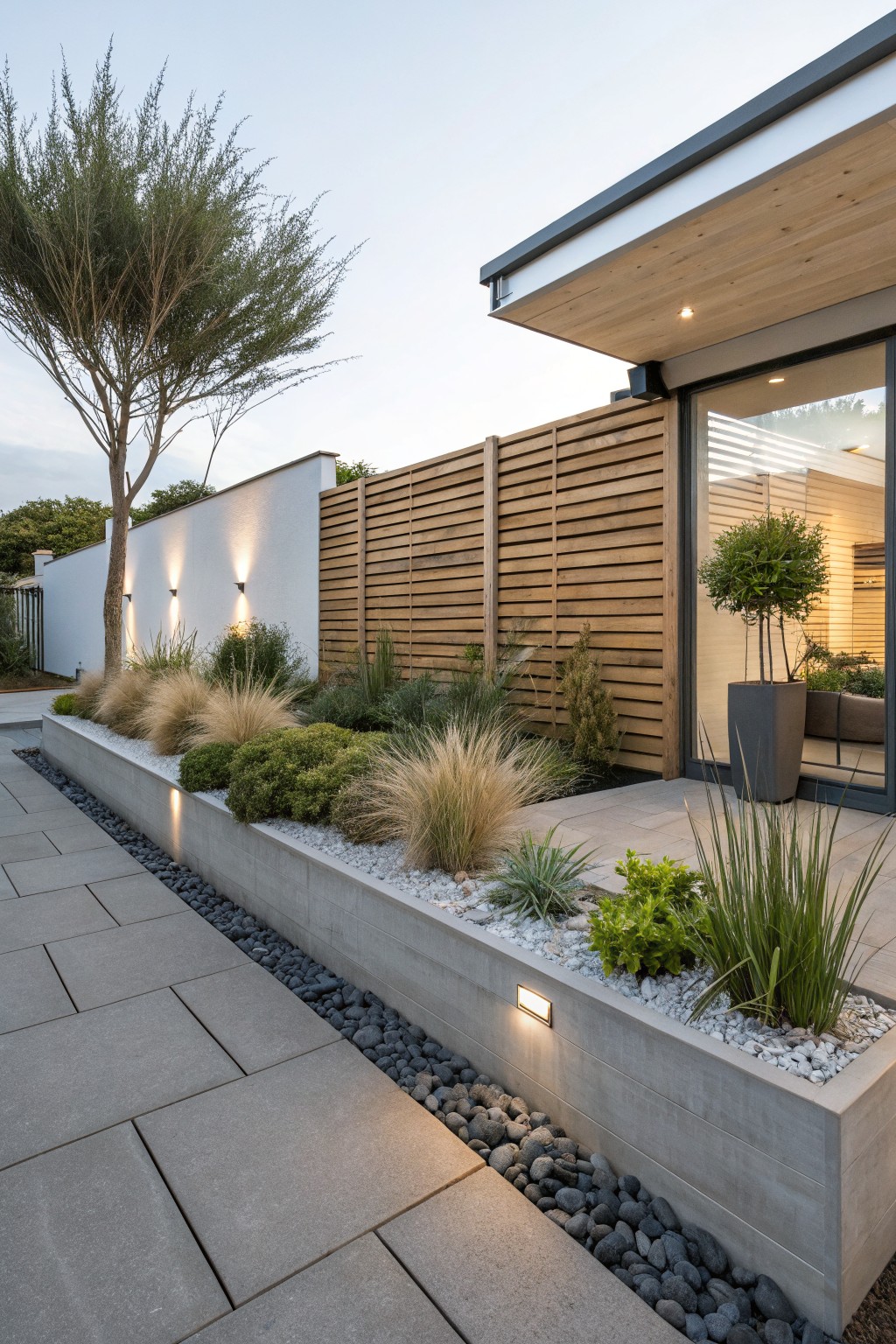Raised concrete planter bed filled with ornamental grasses, low shrubs, and white pebbles along a gray stone paver pathway beside a modern house with wooden cladding and glass doors.