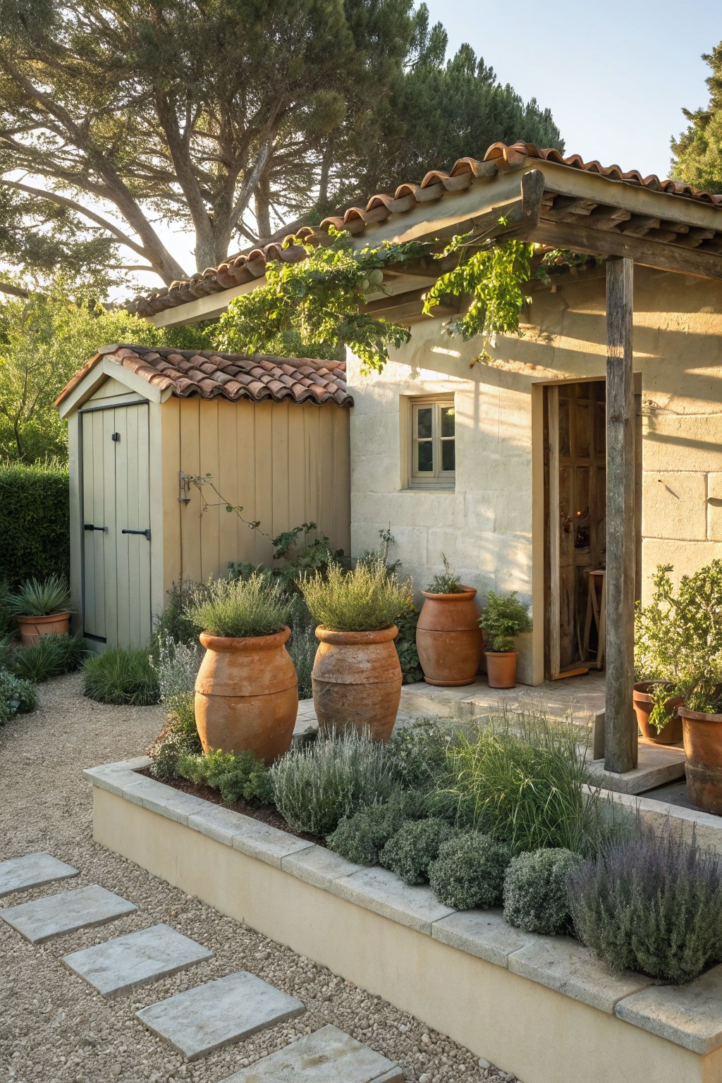Small backyard landscaping with a raised stone-edged bed filled with gravel and low shrubs, large terracotta pots clustered around it, gravel path, wooden shed, and stone house entrance under a pergola.