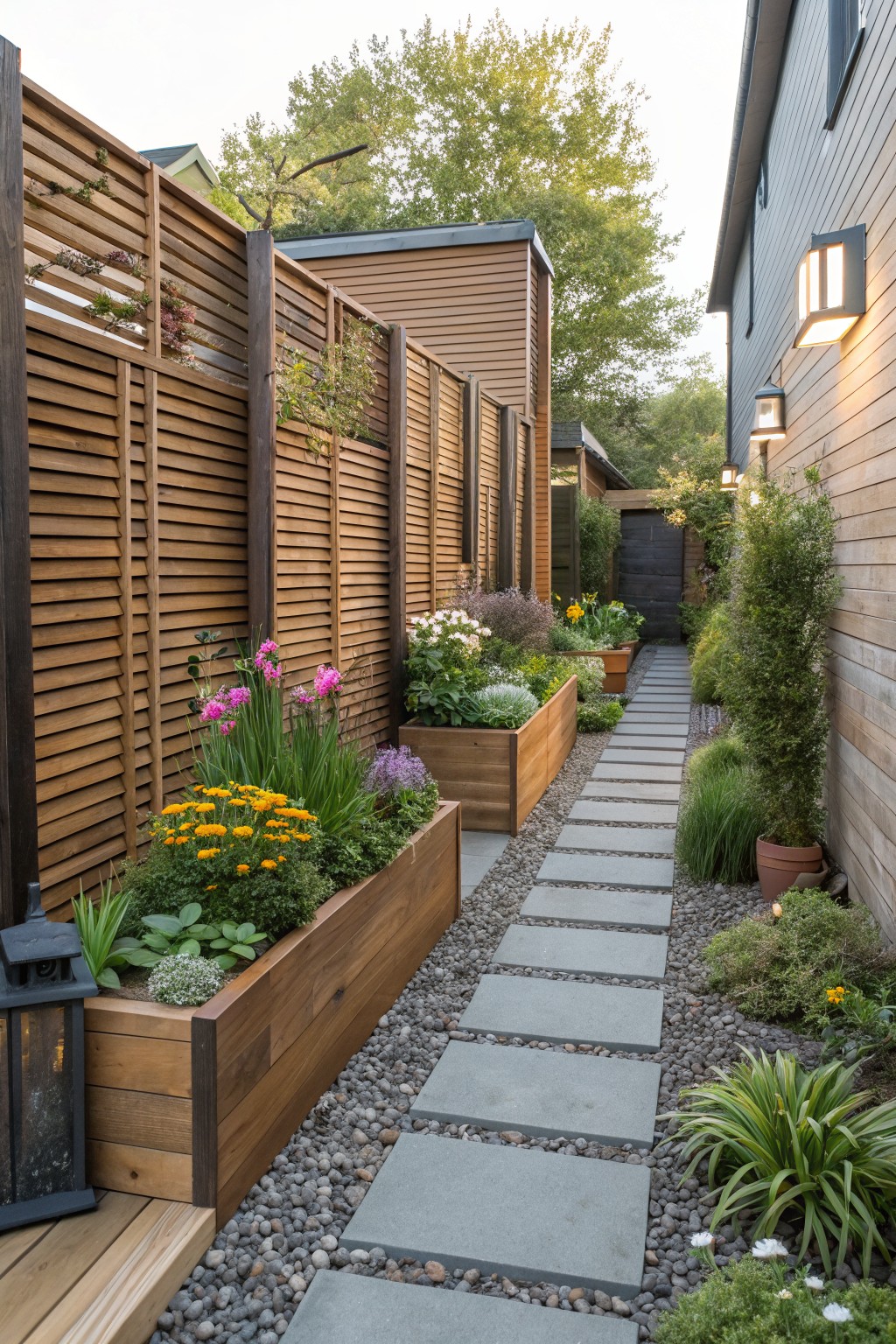 Narrow backyard pathway with gravel and gray stepping stone pavers, lined by wooden raised planters filled with colorful flowers and greenery, flanked by wooden slat fences and adjacent house walls.