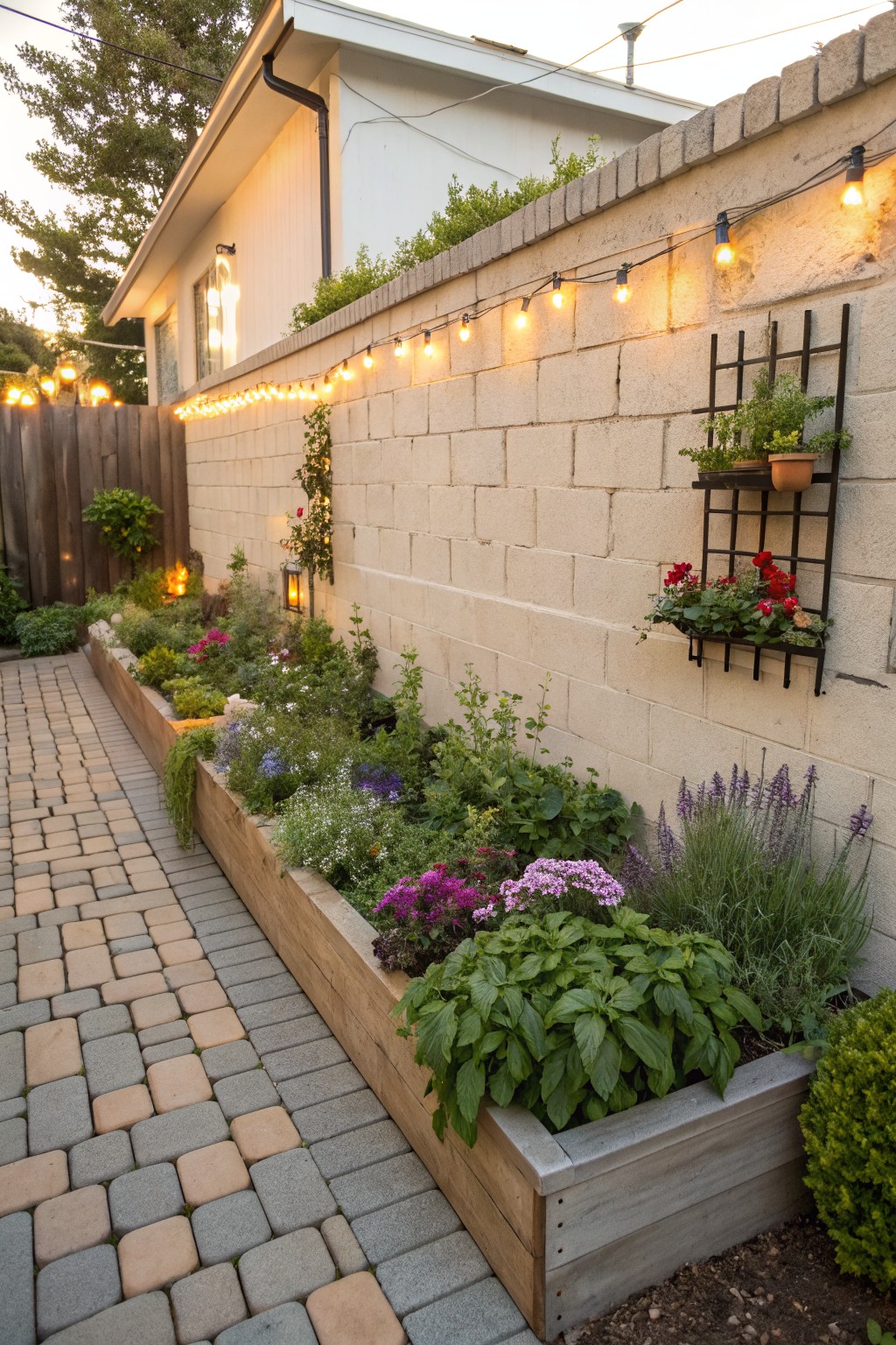 Narrow backyard pathway of brick pavers lined on one side by long wooden raised planters filled with various flowers, herbs, and trailing plants, next to a beige block wall with string lights and metal hanging planters.