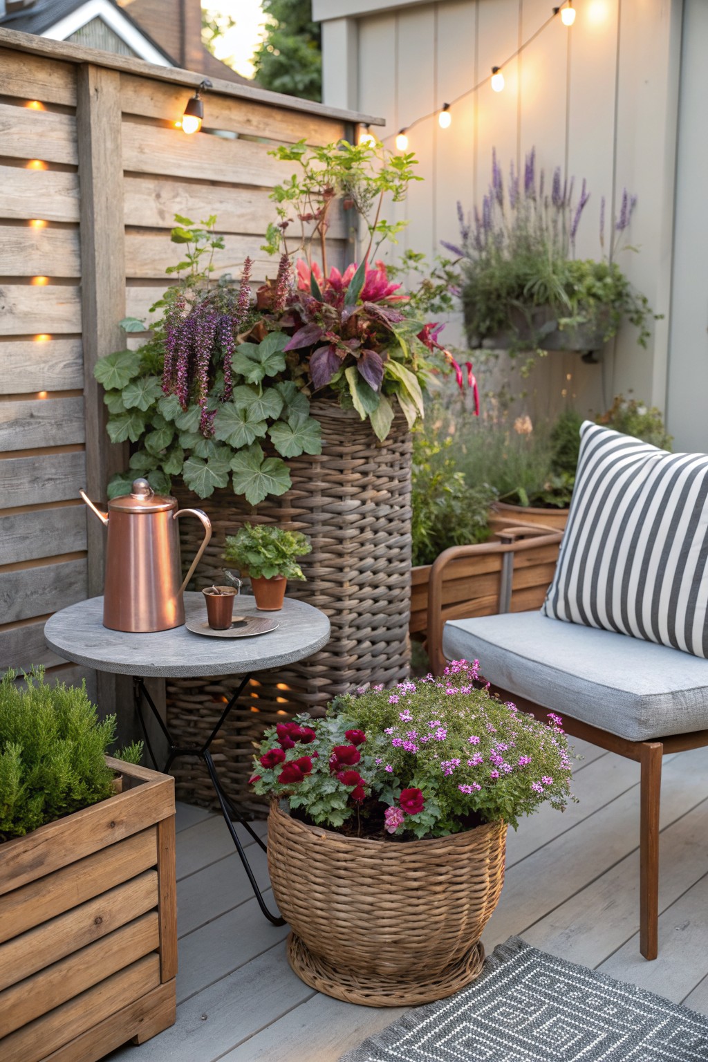 Small wooden deck area with a round gray metal table holding a copper teapot and cup, a light gray chair with white striped cushion nearby, surrounded by tall woven basket planters filled with various green and flowering plants, wooden planter boxes, string lights on a slatted wooden fence, and a woven rug on the deck.