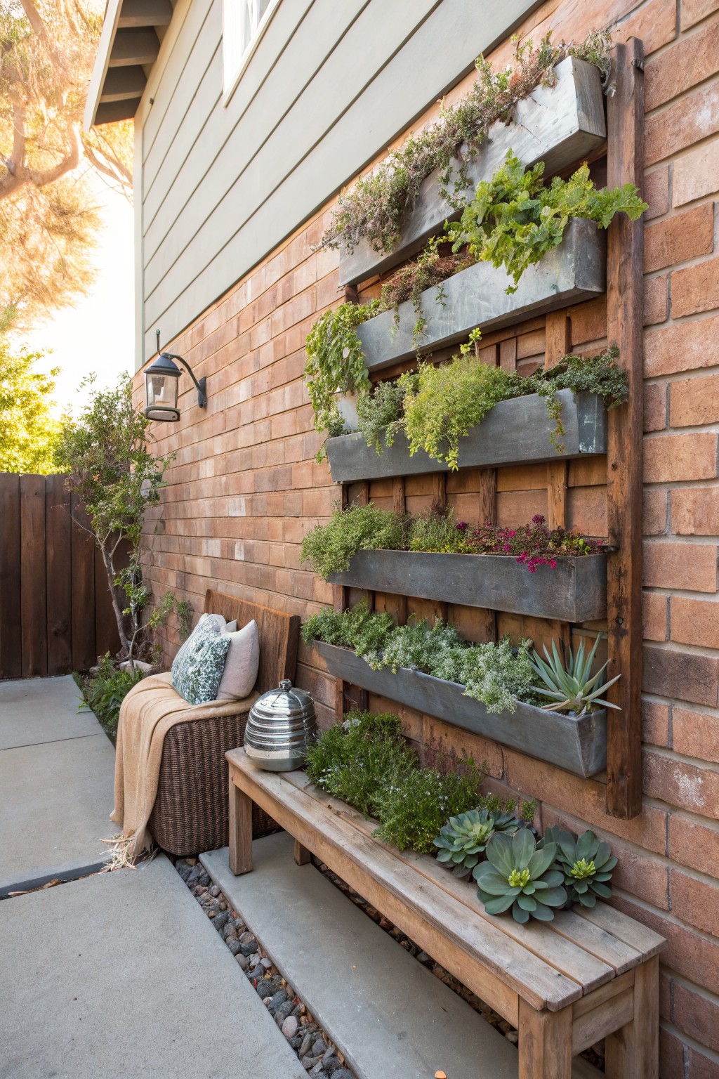 Brick exterior wall with multiple horizontal galvanized metal trough planters at varying heights filled with succulents, herbs, and trailing plants, wooden bench with cushions and throw on concrete patio nearby.