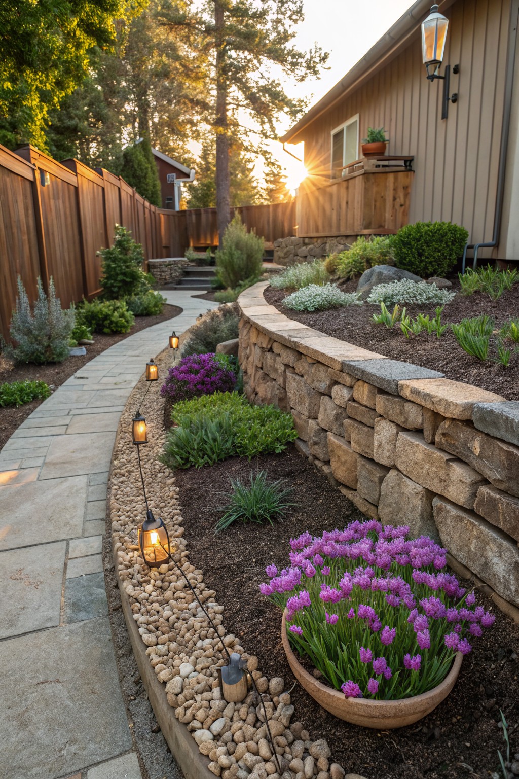 Curving gray stone paver pathway lined with small black metal lanterns and white pebbles beside tiered beige stone retaining walls planted with green shrubs, grasses, lavender plants, and purple flower clusters in a backyard at sunset next to a beige house with wooden fence.