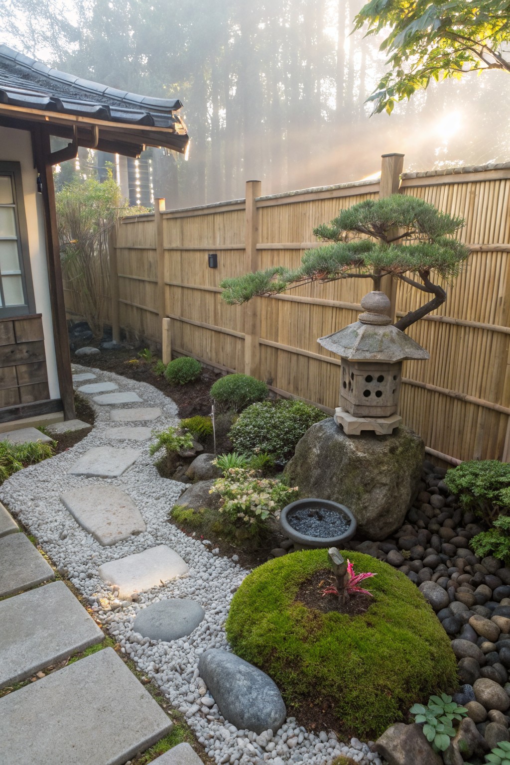 Small backyard garden with a curving path of flat gray stepping stones through white gravel beds, edged by moss-covered boulders, low green plants, a stone lantern, bonsai pine, and bamboo fence beside a wooden house.