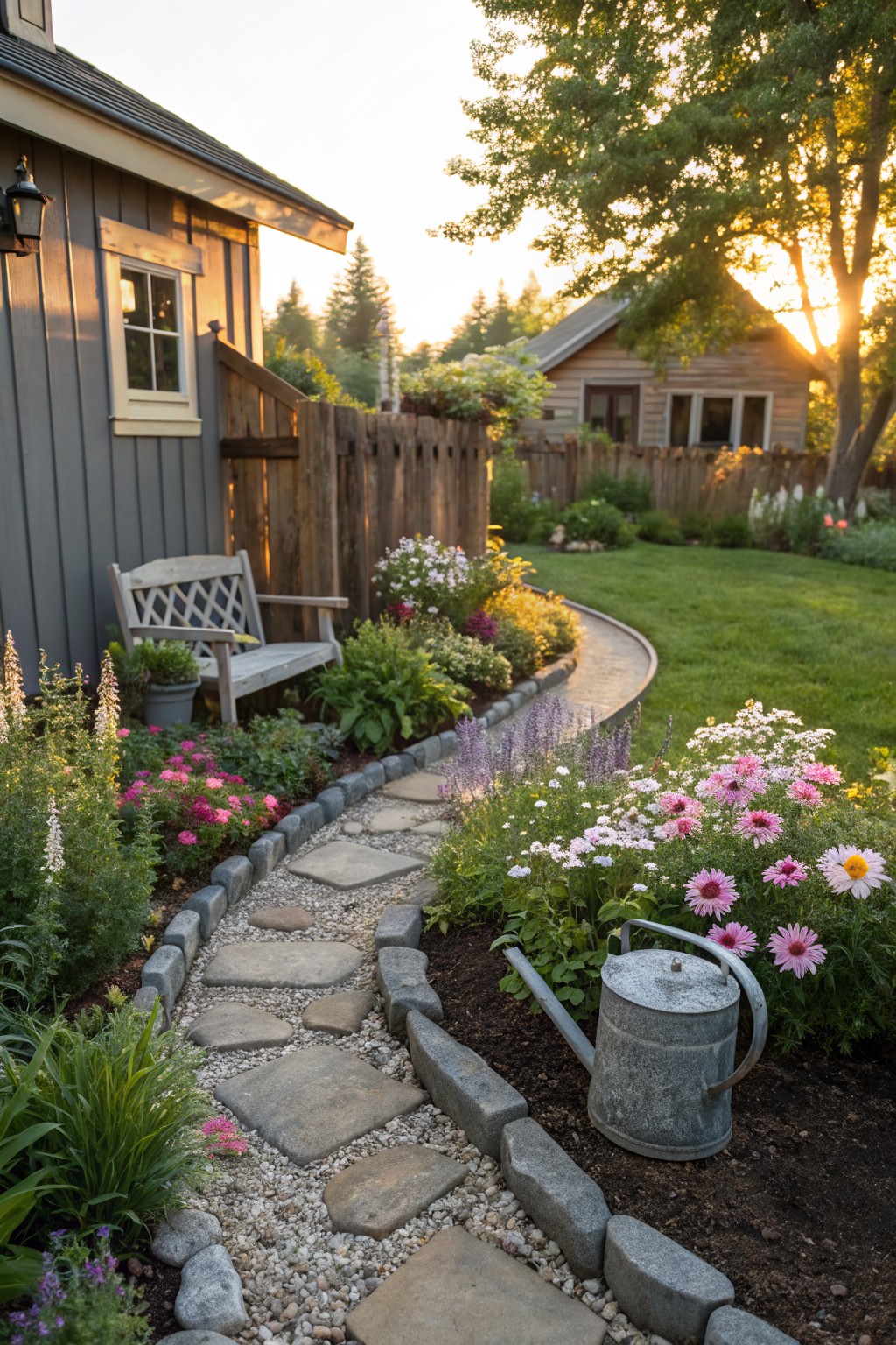 Curved stepping stone pathway winding through a narrow backyard flower bed bordered by rectangular concrete blocks, surrounded by colorful perennials including pink flowers and foxgloves, with a gray wooden bench, metal watering can, and shed nearby.