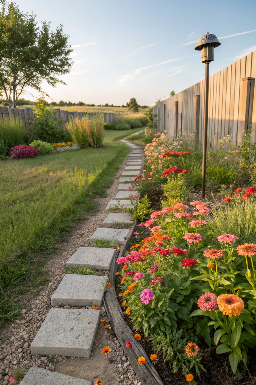 A curved stone paver path winds through a grassy backyard, bordered by beds of orange, pink, red, and yellow flowers next to a wooden fence and post lamp.