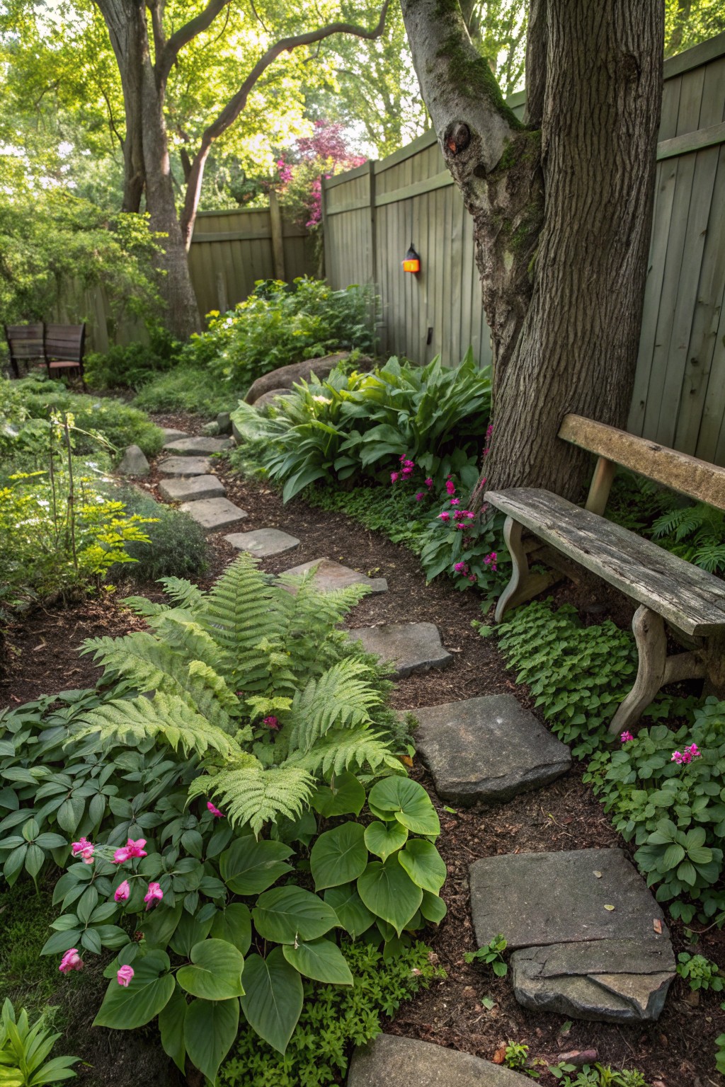 A narrow winding path of irregular gray stone slabs curves through a lush backyard flower bed with ferns, hostas, pink flowers, and green foliage, beside a weathered wooden bench under a large tree near a green wooden fence.