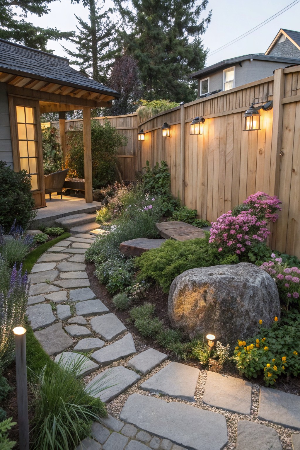Backyard flower bed with a winding irregular flagstone path curving through layered plants, shrubs, pink flowers, a large boulder, and low path lighting, bordered by a wooden fence and leading toward a small covered structure.