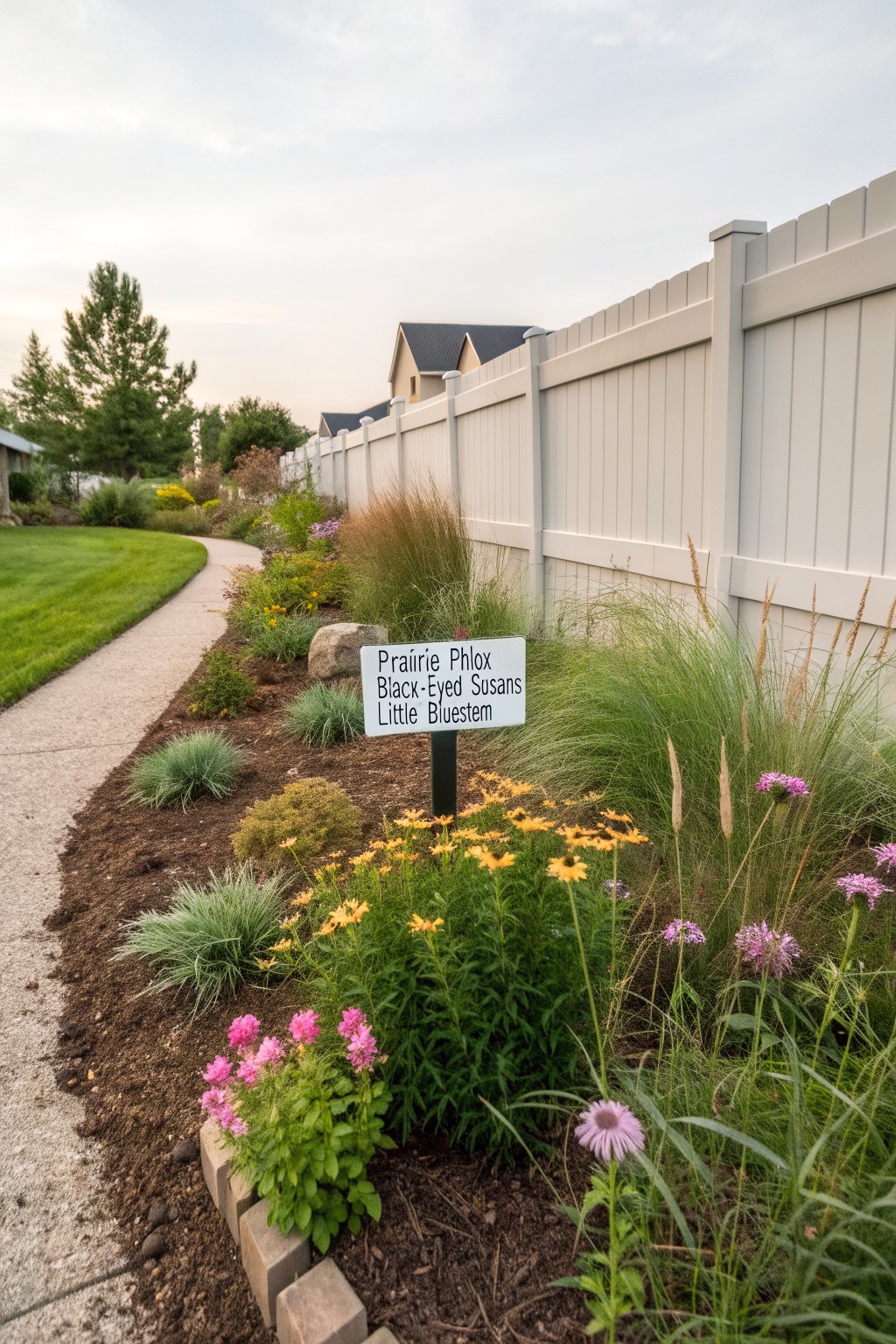 Landscaped border along a white vinyl fence with prairie phlox, black-eyed Susans, little bluestem, coneflowers, and ornamental grasses beside a concrete walkway and lawn.