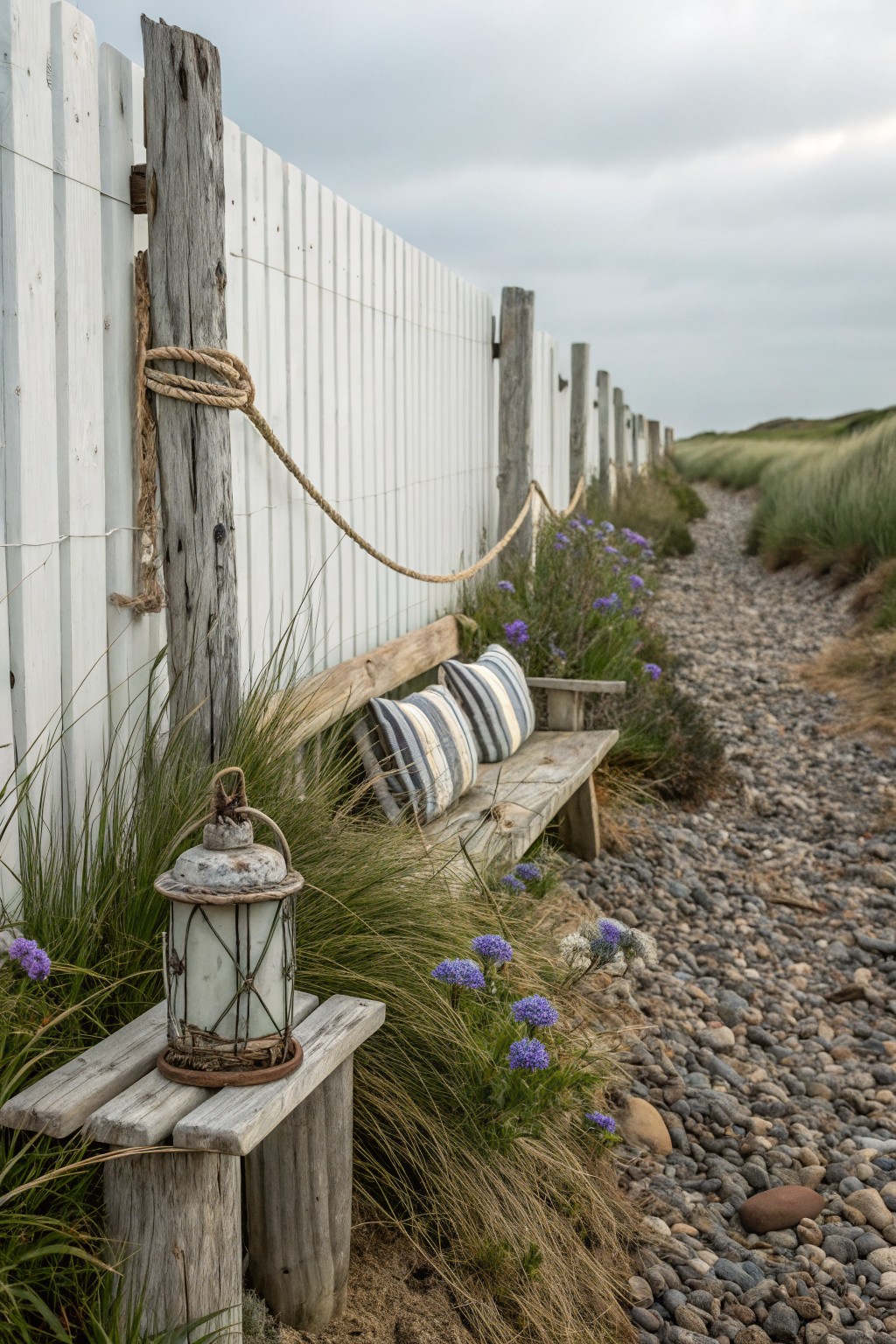White picket fence along a gravel path edged with dune grasses and purple flowers, featuring a wooden bench with striped cushions and a lantern on a stump table, under cloudy sky near beach dunes.