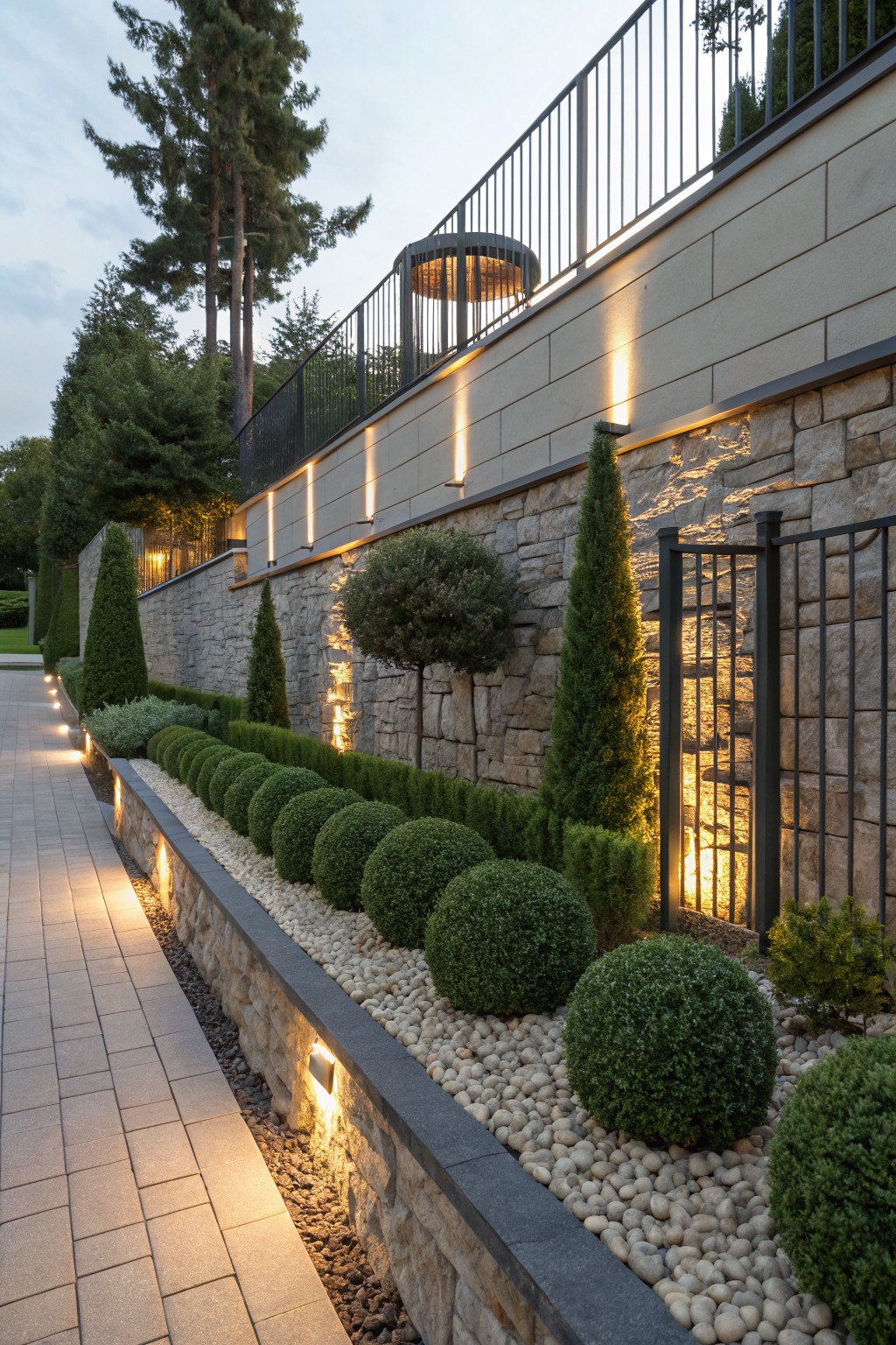 Paved walkway edged with spherical boxwood shrubs in white pebble gravel beds next to a stone retaining wall with integrated uplights and tall conifer trees along the fence line.