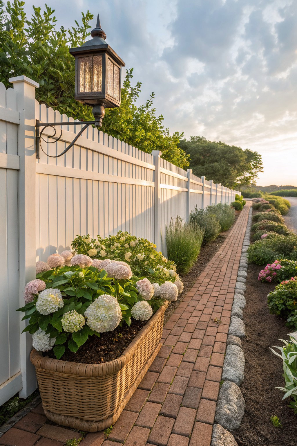 White picket fence beside a narrow brick pathway edged with stones and low plants including shrubs and a large woven basket planter filled with blooming hydrangeas, with a hanging lantern light and trees in the background under a partly cloudy sky.