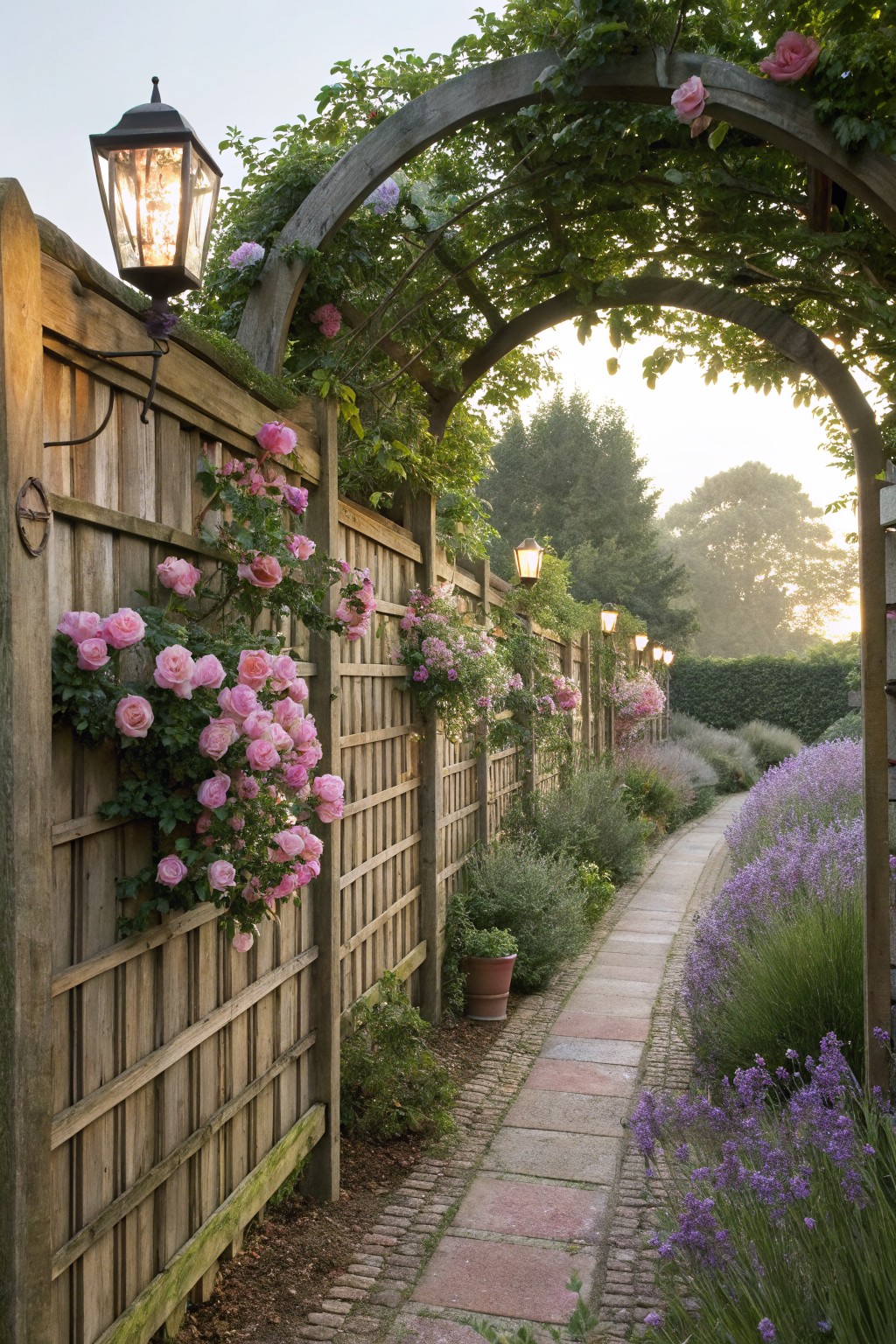 A brick garden path running alongside a wooden lattice fence covered in clusters of pink climbing roses, bordered by lavender and grasses, with lanterns mounted on the fence and an arched rose-covered entrance at dawn.