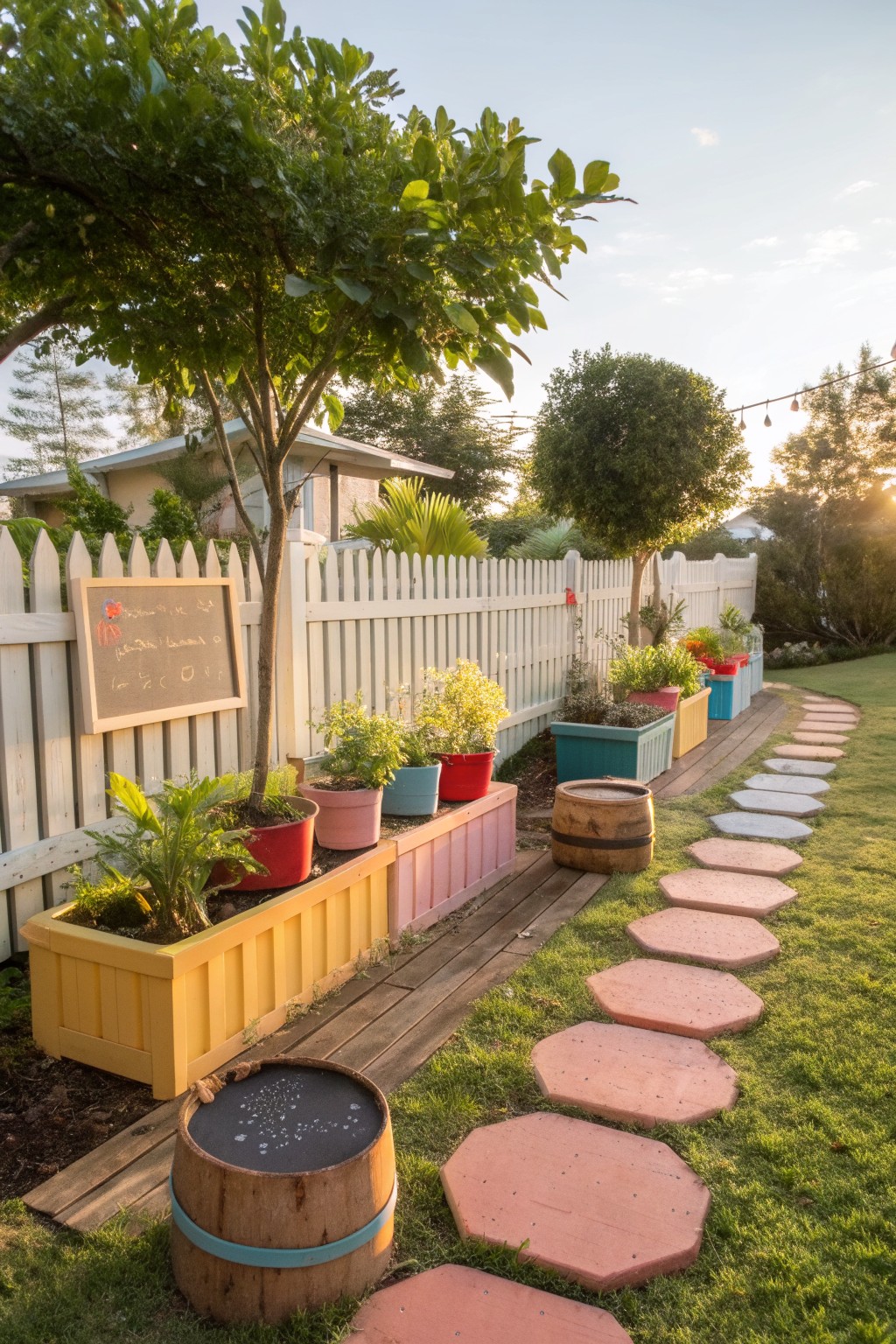 White picket fence lined with colorful raised planters and pots containing various plants, wooden barrels with chalkboard tops, a path of red octagonal stepping stones through grass, trees, and garden elements in evening light.