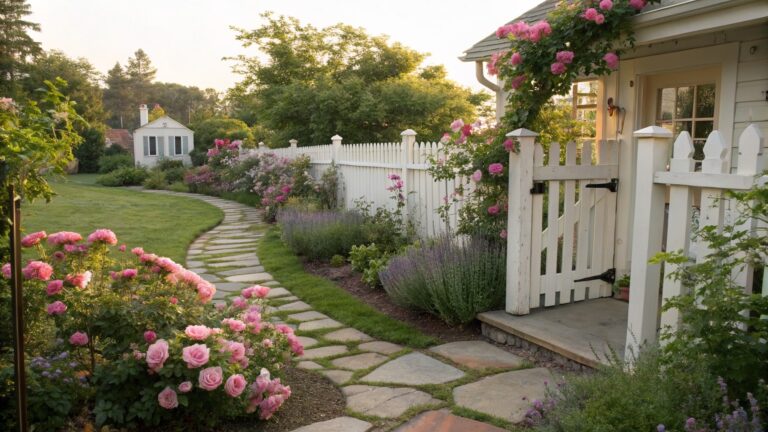 White picket fence covered in clusters of pink climbing roses borders a winding path of irregular stone pavers through a garden with lavender bushes, flower beds, and a small wooden shed in the background.