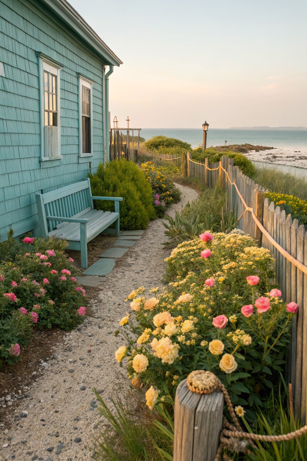 Gravel path beside a turquoise shingled house and blue bench, lined with pink roses, yellow flowers, and green shrubs along a wooden picket fence toward the ocean.