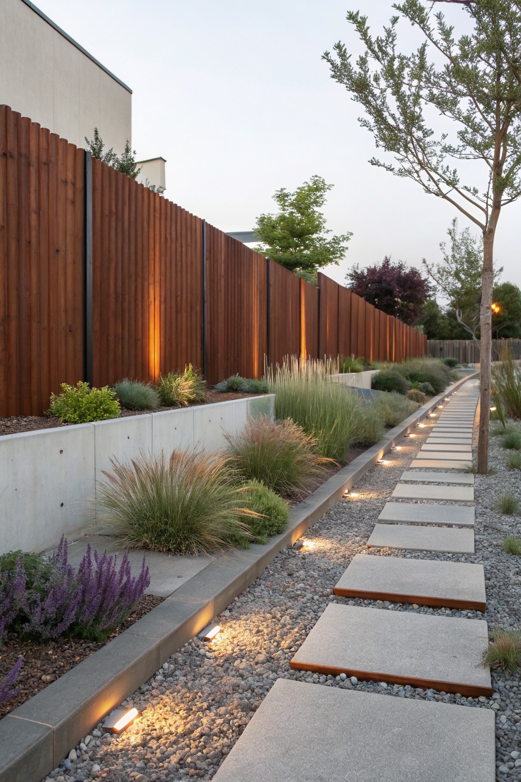 Gravel pathway lined with large rectangular concrete pavers and recessed LED lights runs parallel to a vertical wooden fence, with concrete retaining walls planted in ornamental grasses and low shrubs.