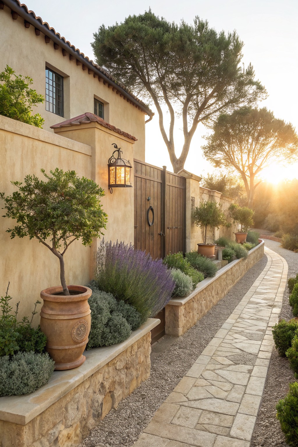 Curved beige stone pathway beside a stucco wall with raised beds of lavender and shrubs, large terracotta pots with small trees, wooden gate, and lantern at sunset.