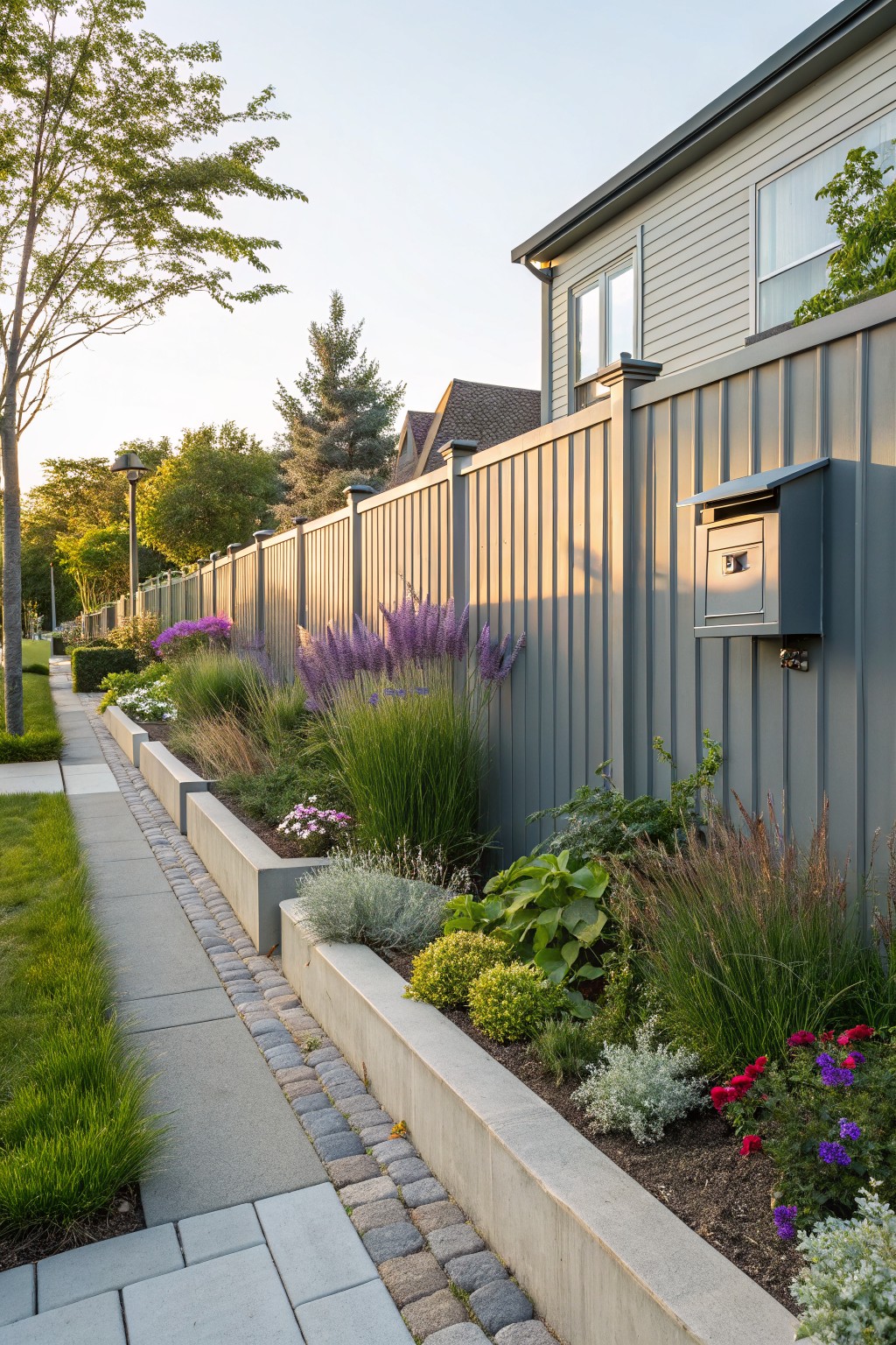 Gray vertical wood fence beside a narrow sidewalk with a long raised concrete planter bed filled with ornamental grasses, lavender, hostas, and colorful flowers like pink blooms and white daisies.
