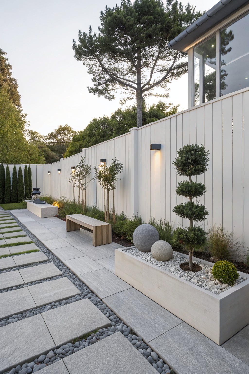 Gray paver pathway with gravel edges runs parallel to a tall white vertical board fence, featuring raised white wooden planters filled with large spherical boulders, white pebbles, tiered topiary trees, ornamental grasses, a wooden bench, stone bench, and wall-mounted lights.