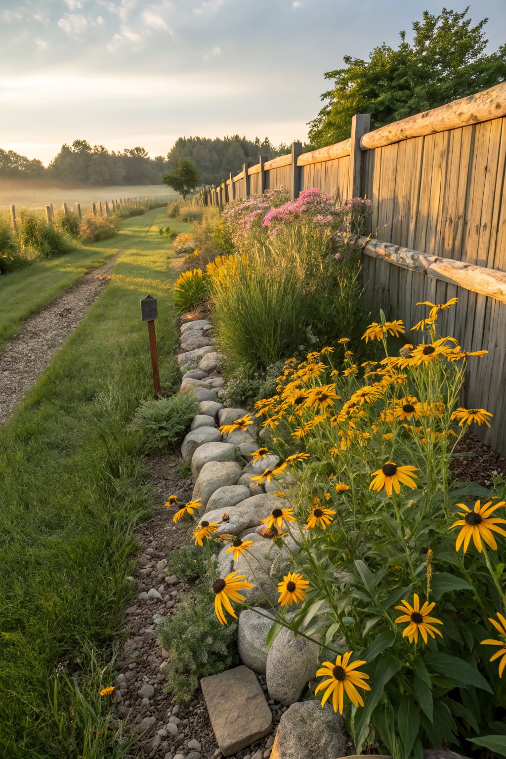 Gravel path beside wooden fence with rock-edged beds of yellow black-eyed Susans, pink flowers, grasses, and shrubs in a green field with distant trees and morning light.