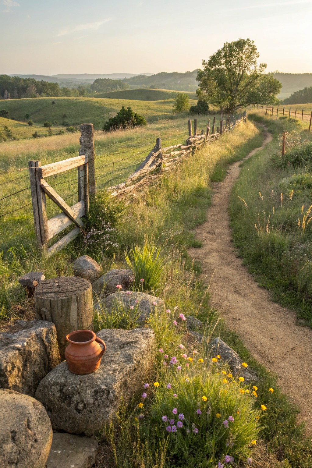 A narrow dirt path runs alongside a weathered wooden split-rail fence and gate in a grassy field dotted with wildflowers, rocks, a tree stump, and a terracotta pot, with rolling green hills and a large tree in the background under a sunset sky.