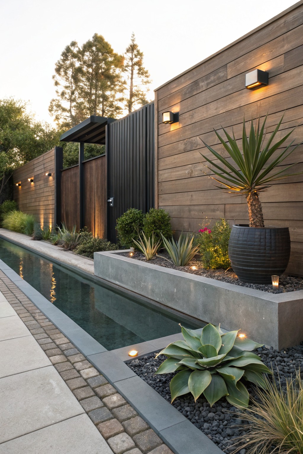 Narrow rectangular pool alongside a tall wooden fence in a landscaped yard, with concrete edging, agave plants, black gravel, grasses, and integrated low-voltage lighting.