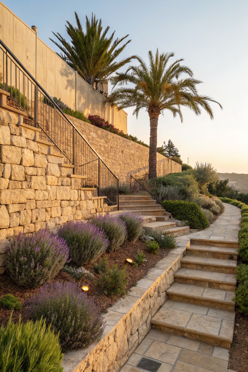 Stone steps and pathway bordered by lavender bushes and shrubs along a beige retaining wall in a terraced garden with palm trees and sunset lighting.