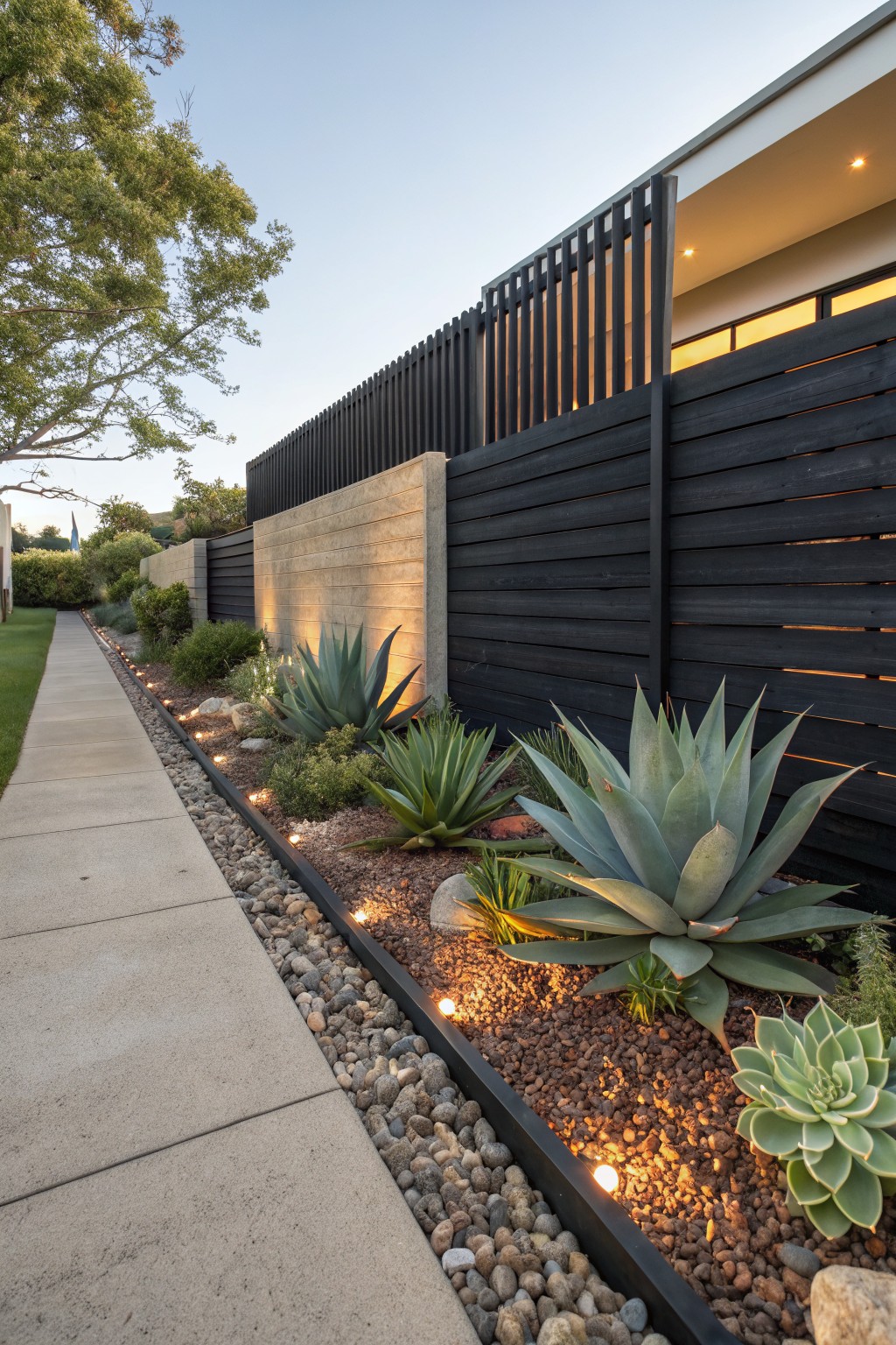 A concrete pathway borders a gravel-mulched garden bed with large agave plants and succulents along a tall black slatted wooden fence, accented by small LED lights and rocks.