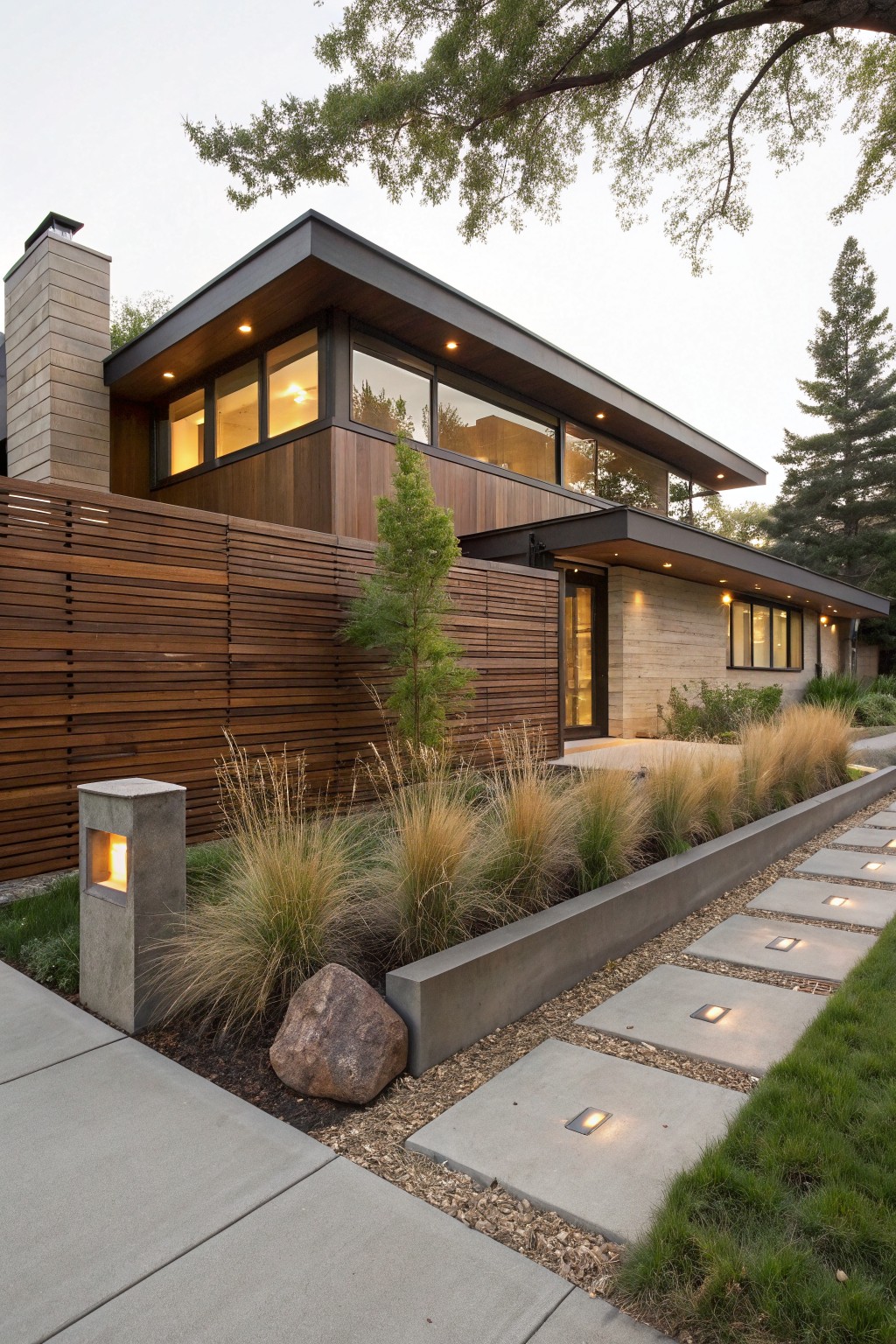 Modern house with vertical slat wood fence, concrete-edged bed of tall ornamental grasses and rocks, gravel area with large square stepping stones lit by recessed lights, leading to entry door.