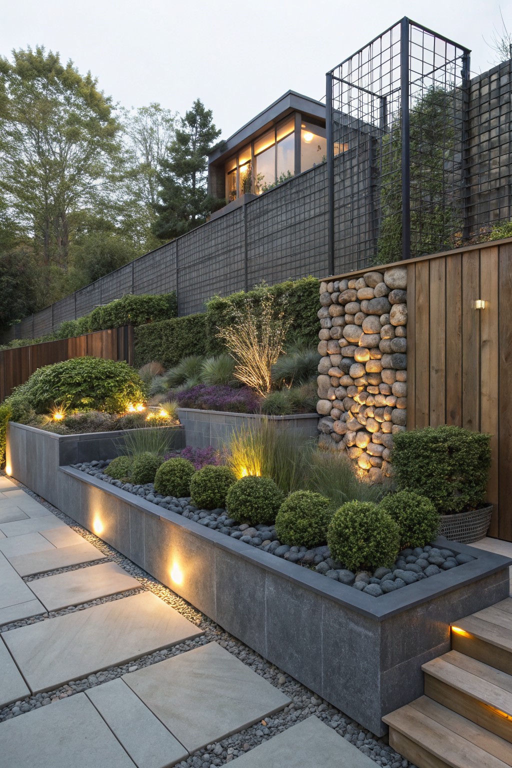 Tiered raised black stone beds filled with dark gravel, spherical boxwood shrubs, grasses, and integrated uplights along a fenced yard edge, with a paved stone path and wooden steps nearby.