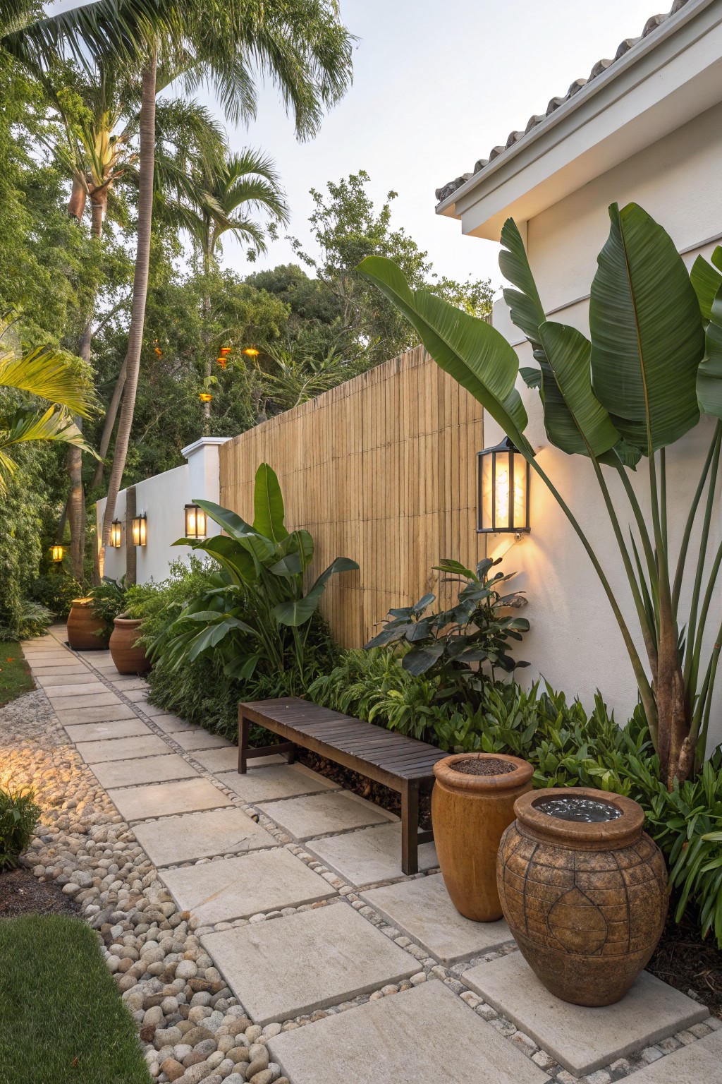 Winding stone paver pathway with pebble edges along a white stucco wall and bamboo fence, lined with tropical plants, large terracotta pots, a wooden bench, and wall-mounted lanterns in a lush garden setting.
